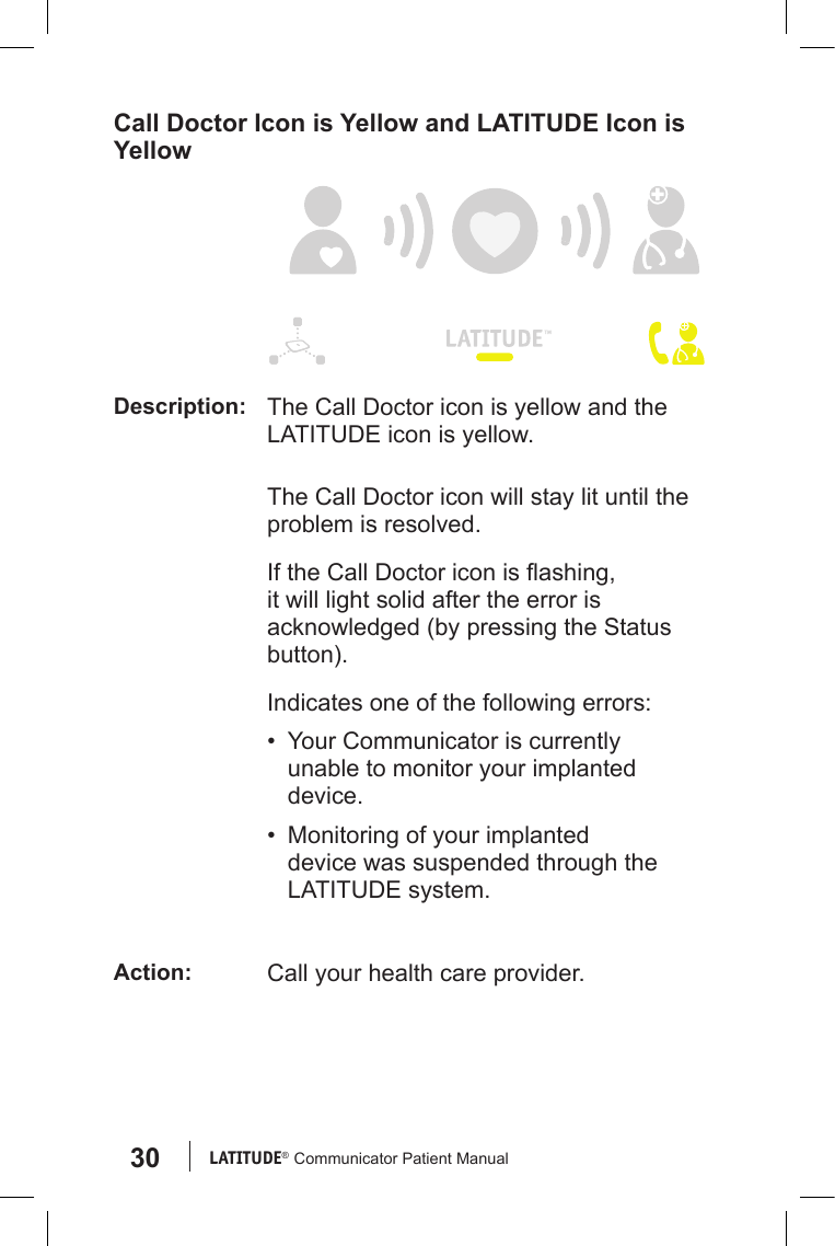 30 LATITUDE®  Communicator Patient ManualCall Doctor Icon is Yellow and LATITUDE Icon is Yellow Description: The Call Doctor icon is yellow and the LATITUDE icon is yellow.The Call Doctor icon will stay lit until the problem is resolved. If the Call Doctor icon is ashing, it will light solid after the error is acknowledged (by pressing the Status button).Indicates one of the following errors: •  Your Communicator is currently unable to monitor your implanted device.•  Monitoring of your implanted device was suspended through the LATITUDE system.Action: Call your health care provider.