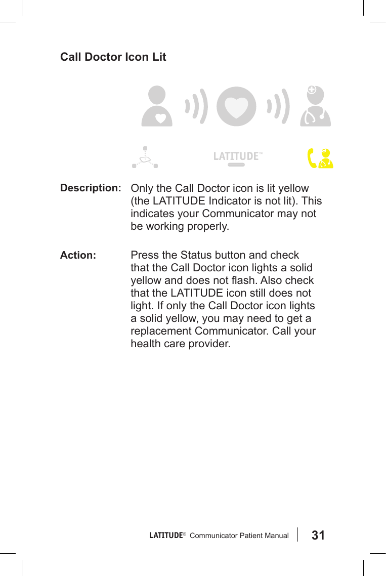 31LATITUDE®   Communicator Patient Manual Call Doctor Icon LitDescription: Only the Call Doctor icon is lit yellow (the LATITUDE Indicator is not lit). This indicates your Communicator may not be working properly.Action: Press the Status button and check that the Call Doctor icon lights a solid yellow and does not ash. Also check that the LATITUDE icon still does not light. If only the Call Doctor icon lights a solid yellow, you may need to get a replacement Communicator. Call your health care provider.