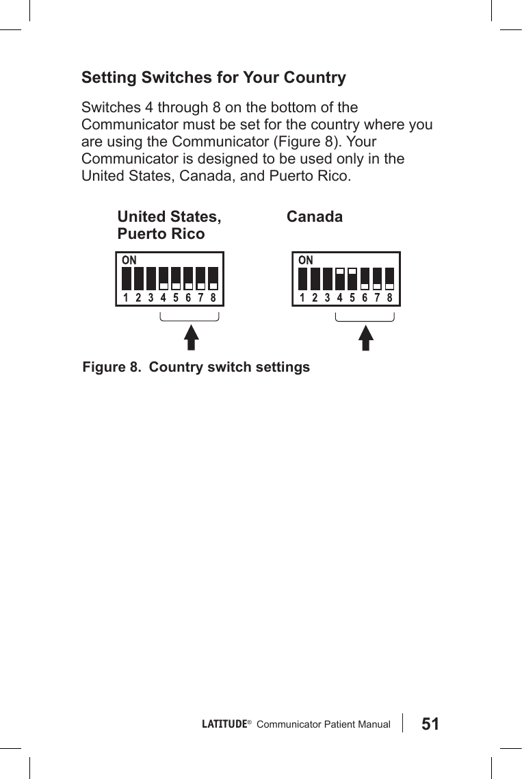 51LATITUDE®   Communicator Patient Manual Setting Switches for Your CountrySwitches 4 through 8 on the bottom of the Communicator must be set for the country where you are using the Communicator (Figure 8). Your Communicator is designed to be used only in the United States, Canada, and Puerto Rico.CanadaUnited States, Puerto RicoFigure 8.  Country switch settings