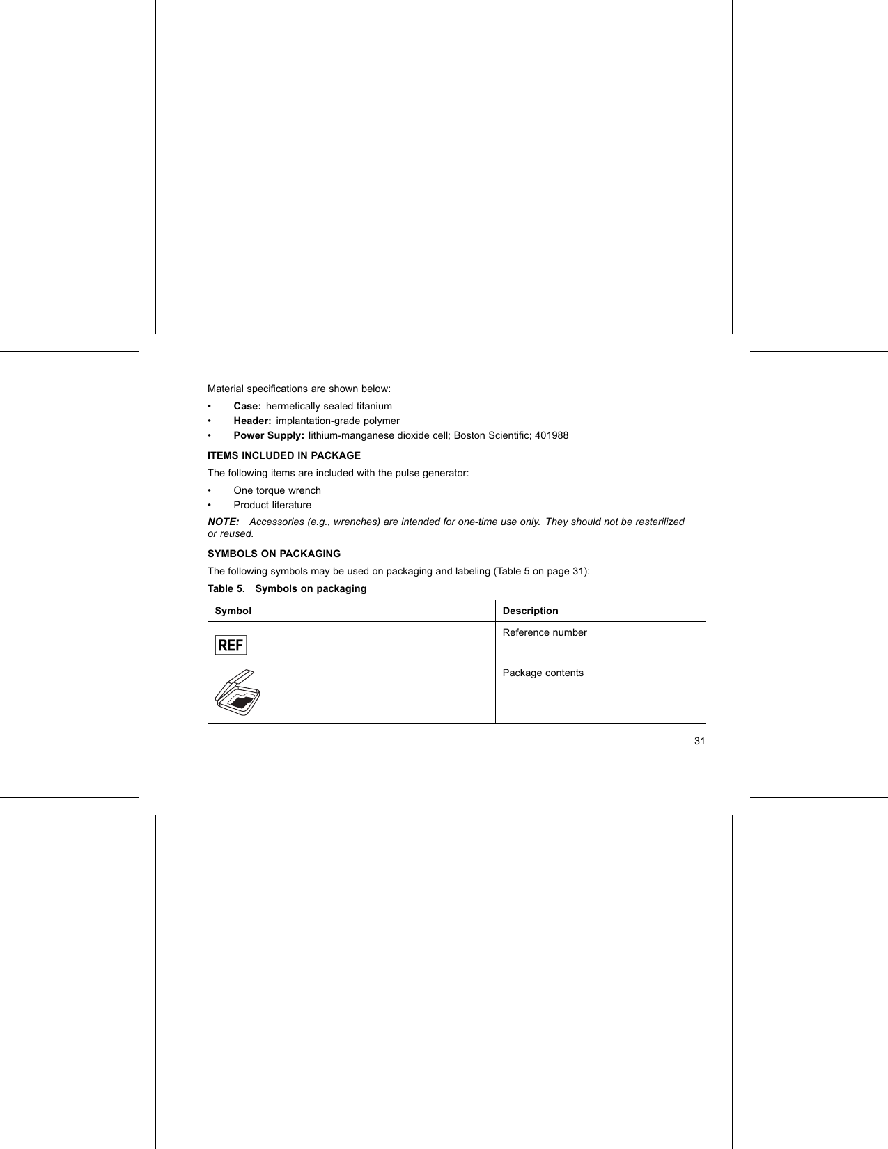 Material speciﬁcations are shown below:•Case: hermetically sealed titanium•Header: implantation-grade polymer•Power Supply: lithium-manganese dioxide cell; Boston Scientiﬁc; 401988ITEMS INCLUDED IN PACKAGEThe following items are included with the pulse generator:• One torque wrench• Product literatureNOTE: Accessories (e.g., wrenches) are intended for one-time use only. They should not be resterilizedor reused.SYMBOLS ON PACKAGINGThe following symbols may be used on packaging and labeling (Table 5 on page 31):Table 5. Symbols on packagingSymbol DescriptionReference numberPackage contents31