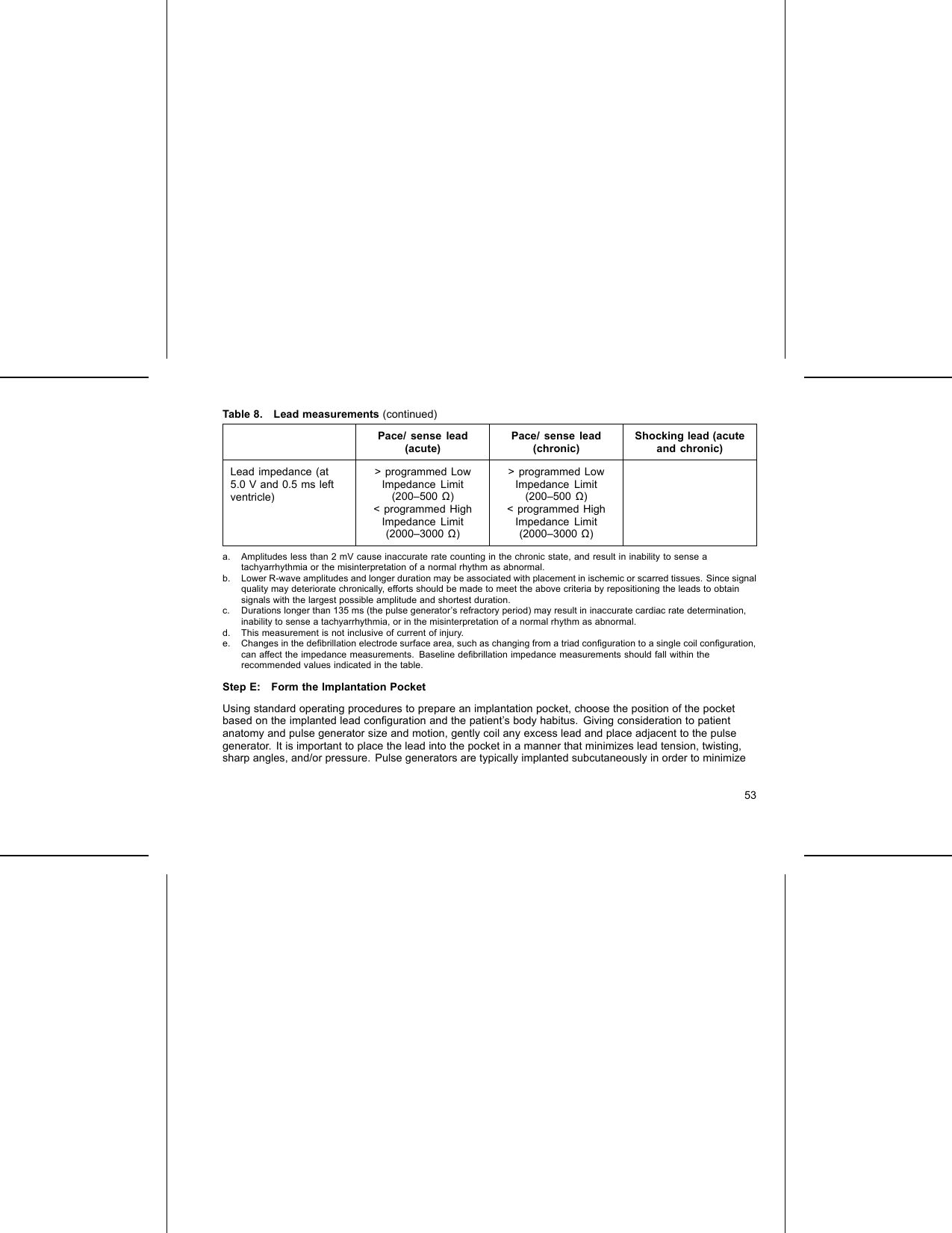 Table 8. Lead measurements (continued)Pace/ sense lead(acute)Pace/ sense lead(chronic)Shocking lead (acuteand chronic)Lead impedance (at5.0 V and 0.5 ms leftventricle)&gt; programmed LowImpedance Limit(200–500 )&lt; programmed HighImpedance Limit(2000–3000 )&gt; programmed LowImpedance Limit(200–500 )&lt; programmed HighImpedance Limit(2000–3000 )a. Amplitudes less than 2 mV cause inaccurate rate counting in the chronic state, and result in inability to sense atachyarrhythmia or the misinterpretation of a normal rhythm as abnormal.b. Lower R-wave amplitudes and longer duration may be associated with placement in ischemic or scarred tissues. Since signalquality may deteriorate chronically, efforts should be made to meet the above criteria by repositioning the leads to obtainsignals with the largest possible amplitude and shortest duration.c. Durations longer than 135 ms (the pulse generator’s refractory period) may result in inaccurate cardiac rate determination,inability to sense a tachyarrhythmia, or in the misinterpretation of a normal rhythm as abnormal.d. This measurement is not inclusive of current of injury.e. Changes in the deﬁbrillation electrode surface area, such as changing from a triad conﬁguration to a single coil conﬁguration,can affect the impedance measurements. Baseline deﬁbrillation impedance measurements should fall within therecommended values indicated in the table.Step E: Form the Implantation PocketUsing standard operating procedures to prepare an implantation pocket, choose the position of the pocketbased on the implanted lead conﬁguration and the patient’s body habitus. Giving consideration to patientanatomy and pulse generator size and motion, gently coil any excess lead and place adjacent to the pulsegenerator. It is important to place the lead into the pocket in a manner that minimizes lead tension, twisting,sharp angles, and/or pressure. Pulse generators are typically implanted subcutaneously in order to minimize53
