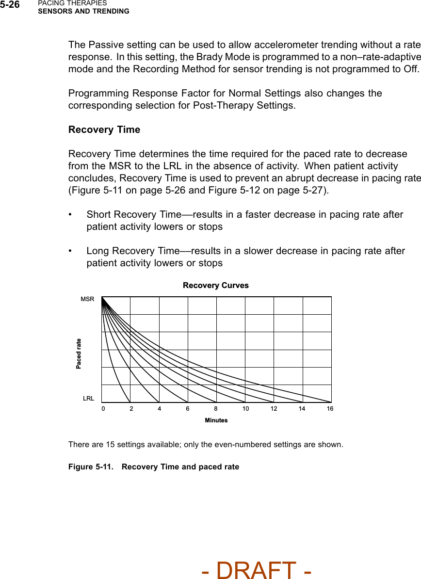 5-26 PACING THERAPIESSENSORS AND TRENDINGThe Passive setting can be used to allow accelerometer trending without a rateresponse. In this setting, the Brady Mode is programmed to a non–rate-adaptivemode and the Recording Method for sensor trending is not programmed to Off.Programming Response Factor for Normal Settings also changes thecorresponding selection for Post-Therapy Settings.Recovery TimeRecovery Time determines the time required for the paced rate to decreasefrom the MSR to the LRL in the absence of activity. When patient activityconcludes, Recovery Time is used to prevent an abrupt decrease in pacing rate(Figure 5-11 on page 5-26 and Figure 5-12 on page 5-27).• Short Recovery Time––results in a faster decrease in pacing rate afterpatient activity lowers or stops• Long Recovery Time––results in a slower decrease in pacing rate afterpatient activity lowers or stopsRecovery CurvesMSRPaced rateLRL0246 161412108MinutesThere are 15 settings available; only the even-numbered settings are shown.Figure 5-11. Recovery Time and paced rate- DRAFT -