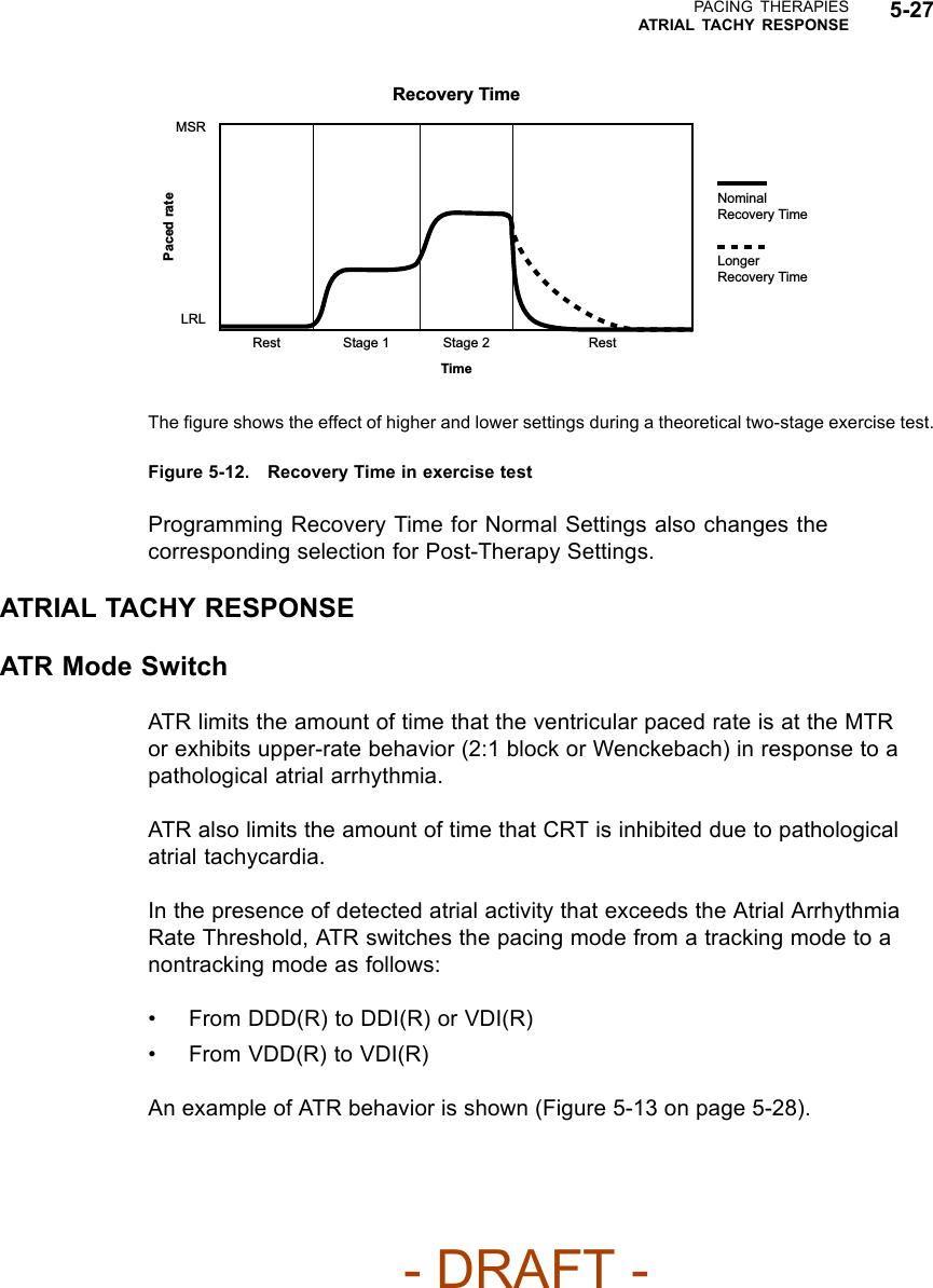 PACING THERAPIESATRIAL TACHY RESPONSE 5-27Recovery TimeMSRPaced rateLRLRest Stage 1 RestStage 2TimeLonger Recovery TimeNominal Recovery TimeThe ﬁgure shows the effect of higher and lower settings during a theoretical two-stage exercise test.Figure 5-12. Recovery Time in exercise testProgramming Recovery Time for Normal Settings also changes thecorresponding selection for Post-Therapy Settings.ATRIAL TACHY RESPONSEATR Mode SwitchATR limits the amount of time that the ventricular paced rate is at the MTRor exhibits upper-rate behavior (2:1 block or Wenckebach) in response to apathological atrial arrhythmia.ATR also limits the amount of time that CRT is inhibited due to pathologicalatrial tachycardia.In the presence of detected atrial activity that exceeds the Atrial ArrhythmiaRate Threshold, ATR switches the pacing mode from a tracking mode to anontracking mode as follows:• From DDD(R) to DDI(R) or VDI(R)• From VDD(R) to VDI(R)An example of ATR behavior is shown (Figure 5-13 on page 5-28).- DRAFT -