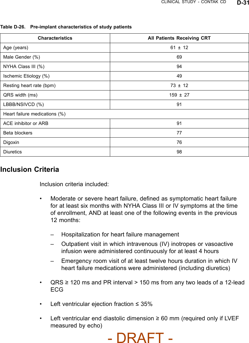 CLINICAL STUDY - CONTAK CD D-31Table D-26. Pre-implant characteristics of study patientsCharacteristics All Patients Receiving CRTAge (years) 61 ± 12Male Gender (%) 69NYHA Class III (%) 94Ischemic Etiology (%) 49Resting heart rate (bpm) 73 ± 12QRS width (ms) 159 ± 27LBBB/NSIVCD (%) 91Heart failure medications (%)ACE inhibitor or ARB 91Beta blockers 77Digoxin 76Diuretics 98Inclusion CriteriaInclusion criteria included:• Moderate or severe heart failure, deﬁned as symptomatic heart failurefor at least six months with NYHA Class III or IV symptoms at the timeof enrollment, AND at least one of the following events in the previous12 months:– Hospitalization for heart failure management– Outpatient visit in which intravenous (IV) inotropes or vasoactiveinfusion were administered continuously for at least 4 hours– Emergency room visit of at least twelve hours duration in which IVheart failure medications were administered (including diuretics)•QRS≥120 ms and PR interval &gt; 150 ms from any two leads of a 12-leadECG• Left ventricular ejection fraction ≤35%• Left ventricular end diastolic dimension ≥60 mm (required only if LVEFmeasured by echo)- DRAFT -