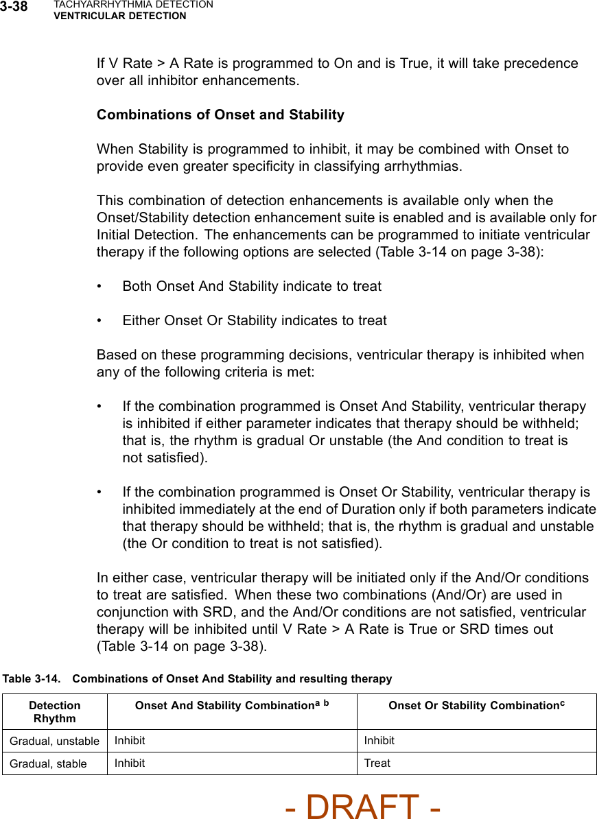 3-38 TACHYARRHYTHMIA DETECTIONVENTRICULAR DETECTIONIf V Rate &gt; A Rate is programmed to On and is True, it will take precedenceover all inhibitor enhancements.Combinations of Onset and StabilityWhen Stability is programmed to inhibit, it may be combined with Onset toprovide even greater speciﬁcity in classifying arrhythmias.This combination of detection enhancements is available only when theOnset/Stability detection enhancement suite is enabled and is available only forInitial Detection. The enhancements can be programmed to initiate ventriculartherapy if the following options are selected (Table 3-14 on page 3-38):• Both Onset And Stability indicate to treat• Either Onset Or Stability indicates to treatBased on these programming decisions, ventricular therapy is inhibited whenany of the following criteria is met:• If the combination programmed is Onset And Stability, ventricular therapyis inhibited if either parameter indicates that therapy should be withheld;that is, the rhythm is gradual Or unstable (the And condition to treat isnot satisﬁed).• If the combination programmed is Onset Or Stability, ventricular therapy isinhibited immediately at the end of Duration only if both parameters indicatethat therapy should be withheld; that is, the rhythm is gradual and unstable(the Or condition to treat is not satisﬁed).In either case, ventricular therapy will be initiated only if the And/Or conditionsto treat are satisﬁed. When these two combinations (And/Or) are used inconjunction with SRD, and the And/Or conditions are not satisﬁed, ventriculartherapy will be inhibited until V Rate &gt; A Rate is True or SRD times out(Table 3-14 on page 3-38).Table 3-14. Combinations of Onset And Stability and resulting therapyDetectionRhythmOnset And Stability Combinationab Onset Or Stability CombinationcGradual, unstable Inhibit InhibitGradual, stable Inhibit Treat- DRAFT -