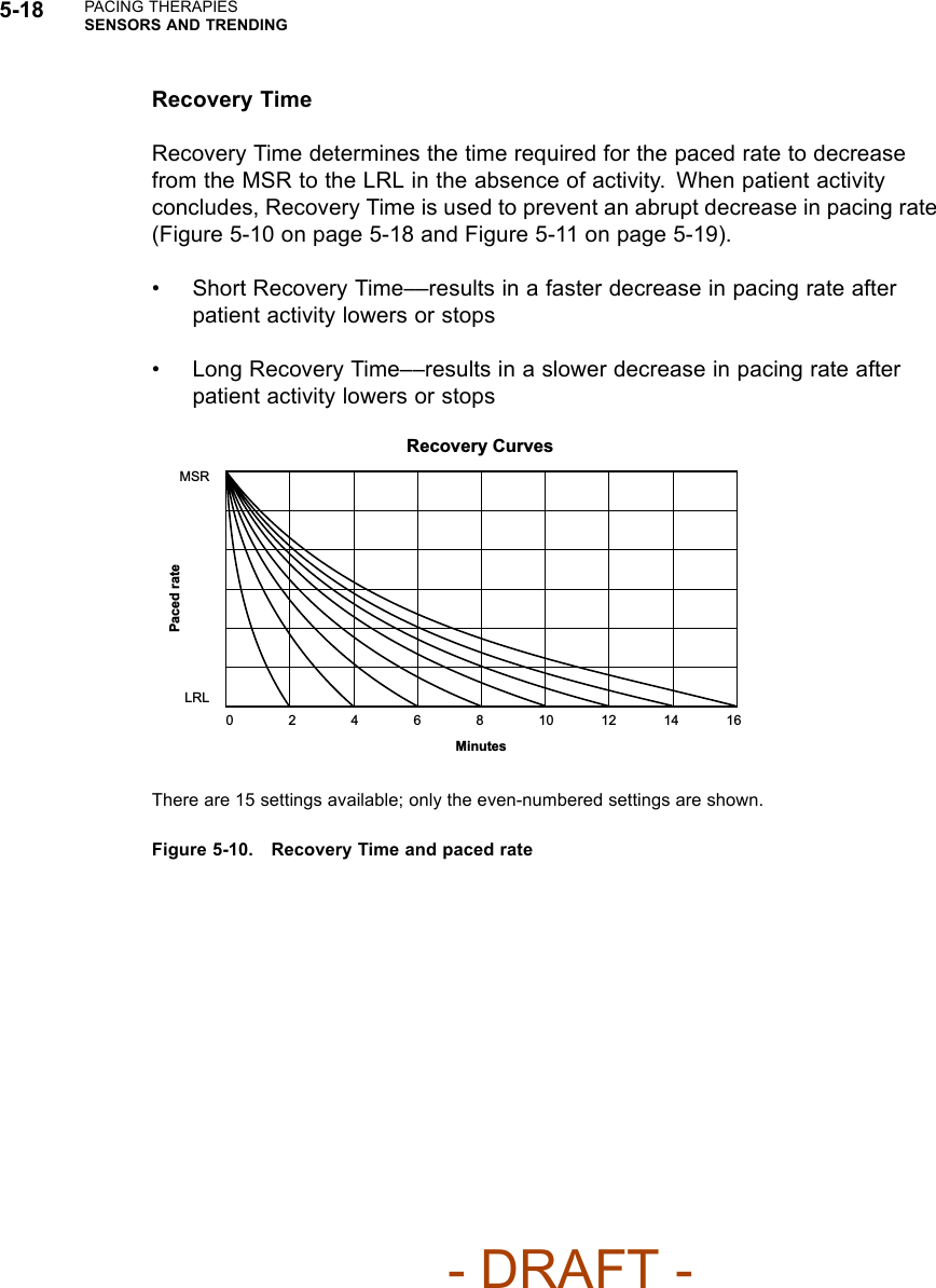 5-18 PACING THERAPIESSENSORS AND TRENDINGRecovery TimeRecovery Time determines the time required for the paced rate to decreasefrom the MSR to the LRL in the absence of activity. When patient activityconcludes, Recovery Time is used to prevent an abrupt decrease in pacing rate(Figure 5-10 on page 5-18 and Figure 5-11 on page 5-19).• Short Recovery Time––results in a faster decrease in pacing rate afterpatient activity lowers or stops• Long Recovery Time––results in a slower decrease in pacing rate afterpatient activity lowers or stopsRecovery CurvesMSRPaced rateLRL0246 161412108MinutesThere are 15 settings available; only the even-numbered settings are shown.Figure 5-10. Recovery Time and paced rate- DRAFT -