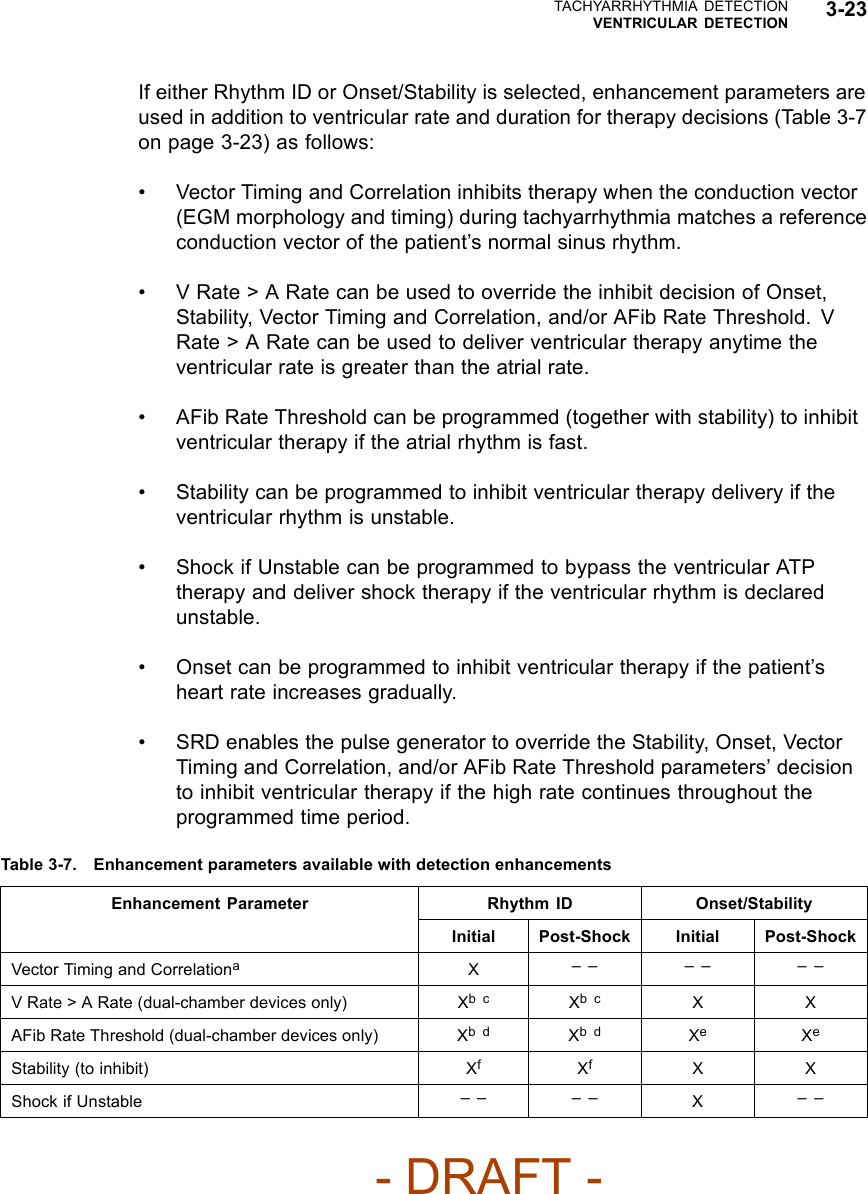 TACHYARRHYTHMIA DETECTIONVENTRICULAR DETECTION 3-23If either Rhythm ID or Onset/Stability is selected, enhancement parameters areused in addition to ventricular rate and duration for therapy decisions (Table 3-7on page 3-23) as follows:• Vector Timing and Correlation inhibits therapy when the conduction vector(EGM morphology and timing) during tachyarrhythmia matches a referenceconduction vector of the patient’s normal sinus rhythm.• VRate&gt;ARatecanbeusedtooverridetheinhibitdecisionofOnset,Stability, Vector Timing and Correlation, and/or AFib Rate Threshold. VRate &gt; A Rate can be used to deliver ventricular therapy anytime theventricular rate is greater than the atrial rate.• AFib Rate Threshold can be programmed (together with stability) to inhibitventricular therapy if the atrial rhythm is fast.• Stability can be programmed to inhibit ventricular therapy delivery if theventricular rhythm is unstable.• Shock if Unstable can be programmed to bypass the ventricular ATPtherapy and deliver shock therapy if the ventricular rhythm is declaredunstable.• Onset can be programmed to inhibit ventricular therapy if the patient’sheart rate increases gradually.• SRD enables the pulse generator to override the Stability, Onset, VectorTiming and Correlation, and/or AFib Rate Threshold parameters’ decisionto inhibit ventricular therapy if the high rate continues throughout theprogrammed time period.Table 3-7. Enhancement parameters available with detection enhancementsRhythm ID Onset/StabilityEnhancement ParameterInitial Post-Shock Initial Post-ShockVector Timing and CorrelationaX–– –– ––V Rate &gt; A Rate (dual-chamber devices only) Xbc Xbc XXAFib Rate Threshold (dual-chamber devices only) Xbd Xbd XeXeStability (to inhibit) XfXfXXShock if Unstable –– –– X––- DRAFT -