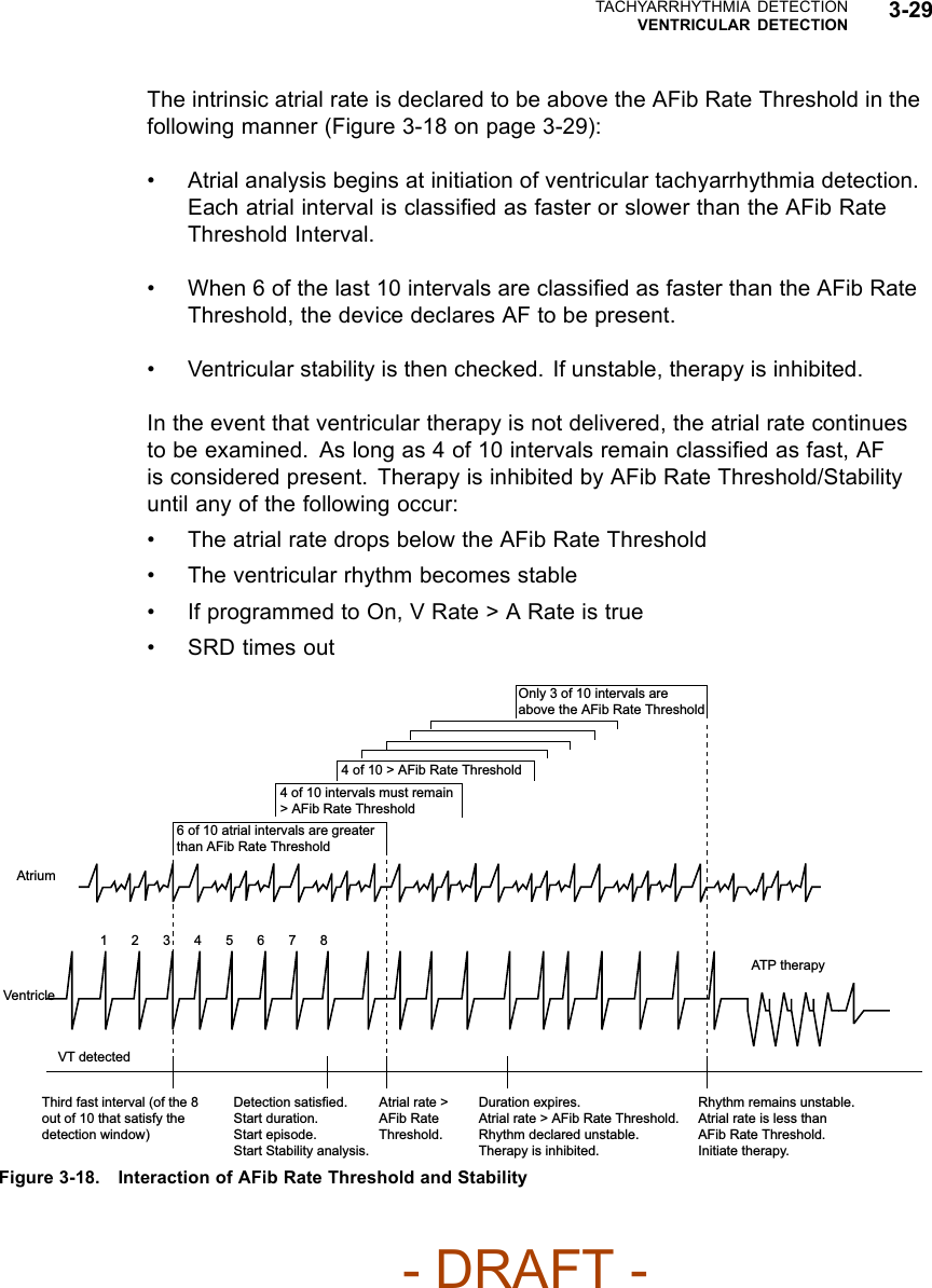 TACHYARRHYTHMIA DETECTIONVENTRICULAR DETECTION 3-29The intrinsic atrial rate is declared to be above the AFib Rate Threshold in thefollowing manner (Figure 3-18 on page 3-29):• Atrial analysis begins at initiation of ventricular tachyarrhythmia detection.Each atrial interval is classiﬁed as faster or slower than the AFib RateThreshold Interval.• When 6 of the last 10 intervals are classiﬁed as faster than the AFib RateThreshold, the device declares AF to be present.• Ventricular stability is then checked. If unstable, therapy is inhibited.In the event that ventricular therapy is not delivered, the atrial rate continuesto be examined. As long as 4 of 10 intervals remain classiﬁed as fast, AFis considered present. Therapy is inhibited by AFib Rate Threshold/Stabilityuntil any of the following occur:• The atrial rate drops below the AFib Rate Threshold• The ventricular rhythm becomes stable• IfprogrammedtoOn,VRate&gt;ARateistrue•SRDtimesout12345678Only 3 of 10 intervals are above the AFib Rate Threshold4 of 10 &gt; AFib Rate Threshold4 of 10 intervals must remain &gt; AFib Rate Threshold6 of 10 atrial intervals are greater than AFib Rate ThresholdThird fast interval (of the 8 out of 10 that satisfy the detection window)Detection satisfied.Start duration.Start episode.Start Stability analysis.Atrial rate &gt; AFib Rate Threshold.Duration expires.Atrial rate &gt; AFib Rate Threshold.Rhythm declared unstable.Therapy is inhibited.Rhythm remains unstable.Atrial rate is less than AFib Rate Threshold.Initiate therapy.ATP therapyVT detectedVentricleAtriumFigure 3-18. Interaction of AFib Rate Threshold and Stability- DRAFT -