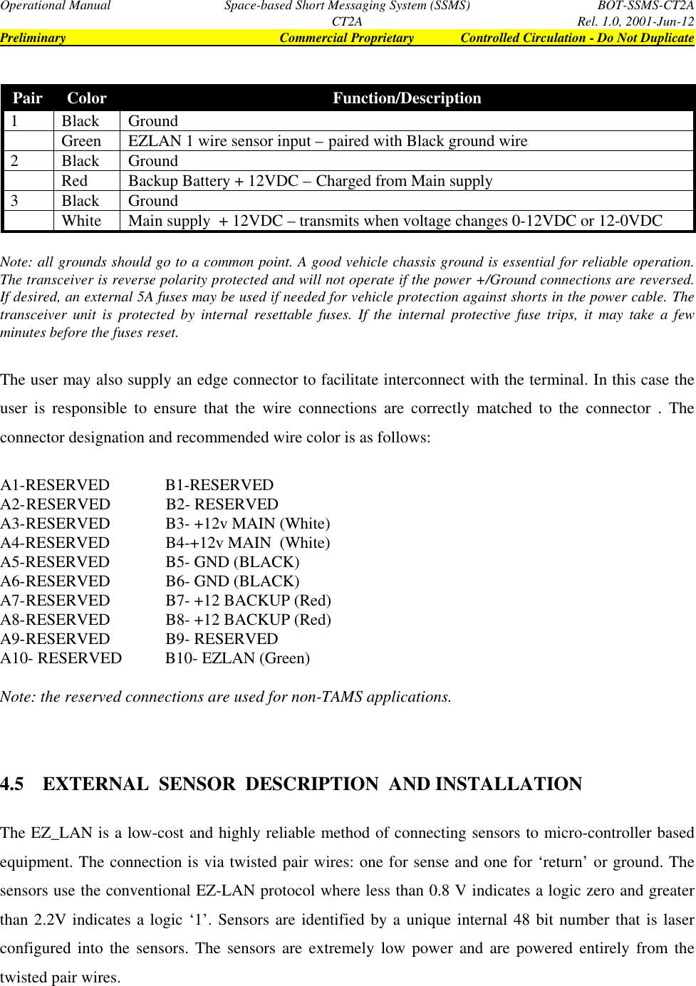 Operational Manual Space-based Short Messaging System (SSMS) BOT-SSMS-CT2ACT2A Rel. 1.0, 2001-Jun-12Preliminary Commercial Proprietary Controlled Circulation - Do Not DuplicatePair Color Function/Description1Black GroundGreen EZLAN 1 wire sensor input – paired with Black ground wire2Black GroundRed Backup Battery + 12VDC – Charged from Main supply3Black GroundWhite Main supply  + 12VDC – transmits when voltage changes 0-12VDC or 12-0VDCNote: all grounds should go to a common point. A good vehicle chassis ground is essential for reliable operation.The transceiver is reverse polarity protected and will not operate if the power +/Ground connections are reversed.If desired, an external 5A fuses may be used if needed for vehicle protection against shorts in the power cable. Thetransceiver unit is protected by internal resettable fuses. If the internal protective fuse trips, it may take a fewminutes before the fuses reset.The user may also supply an edge connector to facilitate interconnect with the terminal. In this case theuser is responsible to ensure that the wire connections are correctly matched to the connector . Theconnector designation and recommended wire color is as follows:A1-RESERVED              B1-RESERVEDA2-RESERVED             B2- RESERVEDA3-RESERVED             B3- +12v MAIN (White)A4-RESERVED              B4-+12v MAIN  (White)A5-RESERVED              B5- GND (BLACK)A6-RESERVED             B6- GND (BLACK)A7-RESERVED             B7- +12 BACKUP (Red)A8-RESERVED             B8- +12 BACKUP (Red)A9-RESERVED             B9- RESERVEDA10- RESERVED           B10- EZLAN (Green)Note: the reserved connections are used for non-TAMS applications.4.5 EXTERNAL  SENSOR  DESCRIPTION  AND INSTALLATIONThe EZ_LAN is a low-cost and highly reliable method of connecting sensors to micro-controller basedequipment. The connection is via twisted pair wires: one for sense and one for ‘return’ or ground. Thesensors use the conventional EZ-LAN protocol where less than 0.8 V indicates a logic zero and greaterthan 2.2V indicates a logic ‘1’. Sensors are identified by a unique internal 48 bit number that is laserconfigured into the sensors. The sensors are extremely low power and are powered entirely from thetwisted pair wires.