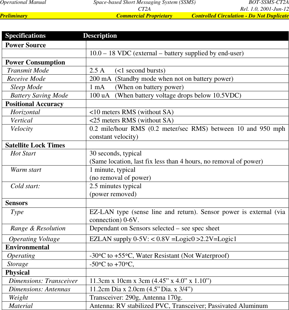 Operational Manual Space-based Short Messaging System (SSMS) BOT-SSMS-CT2ACT2A Rel. 1.0, 2001-Jun-12Preliminary Commercial Proprietary Controlled Circulation - Do Not DuplicateSpecifications                      DescriptionPower Source 10.0 – 18 VDC (external – battery supplied by end-user)Power Consumption Transmit Mode 2.5 A      (&lt;1 second bursts) Receive Mode 200 mA  (Standby mode when not on battery power)   Sleep Mode 1 mA      (When on battery power)   Battery Saving Mode 100 uA   (When battery voltage drops below 10.5VDC)Positional Accuracy   Horizontal &lt;10 meters RMS (without SA)   Vertical &lt;25 meters RMS (without SA)   Velocity 0.2 mile/hour RMS (0.2 meter/sec RMS) between 10 and 950 mphconstant velocity)Satellite Lock Times   Hot Start 30 seconds, typical(Same location, last fix less than 4 hours, no removal of power)   Warm start 1 minute, typical(no removal of power)   Cold start: 2.5 minutes typical(power removed)Sensors   Type EZ-LAN type (sense line and return). Sensor power is external (viaconnection) 0-6V.   Range &amp; Resolution Dependant on Sensors selected – see spec sheet  Operating Voltage EZLAN supply 0-5V: &lt; 0.8V =Logic0 &gt;2.2V=Logic1Environmental Operating -30°C to +55°C, Water Resistant (Not Waterproof) Storage -50°C to +70°C,Physical  Dimensions: Transceiver 11.3cm x 10cm x 3cm (4.45” x 4.0” x 1.10”)  Dimensions: Antennas 11.2cm Dia x 2.0cm (4.5”Dia. x 3/4”)  Weight Transceiver: 290g, Antenna 170g.  Material Antenna: RV stabilized PVC, Transceiver; Passivated Aluminum