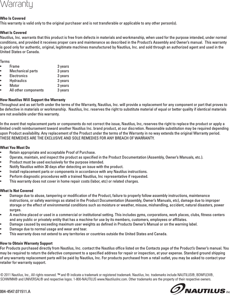 Page 1 of 4 - Bowflex BFX.TC20.Warranty.071511.EN.FRC.A Warranty BFX.TC20.Warranty.EN.FRC