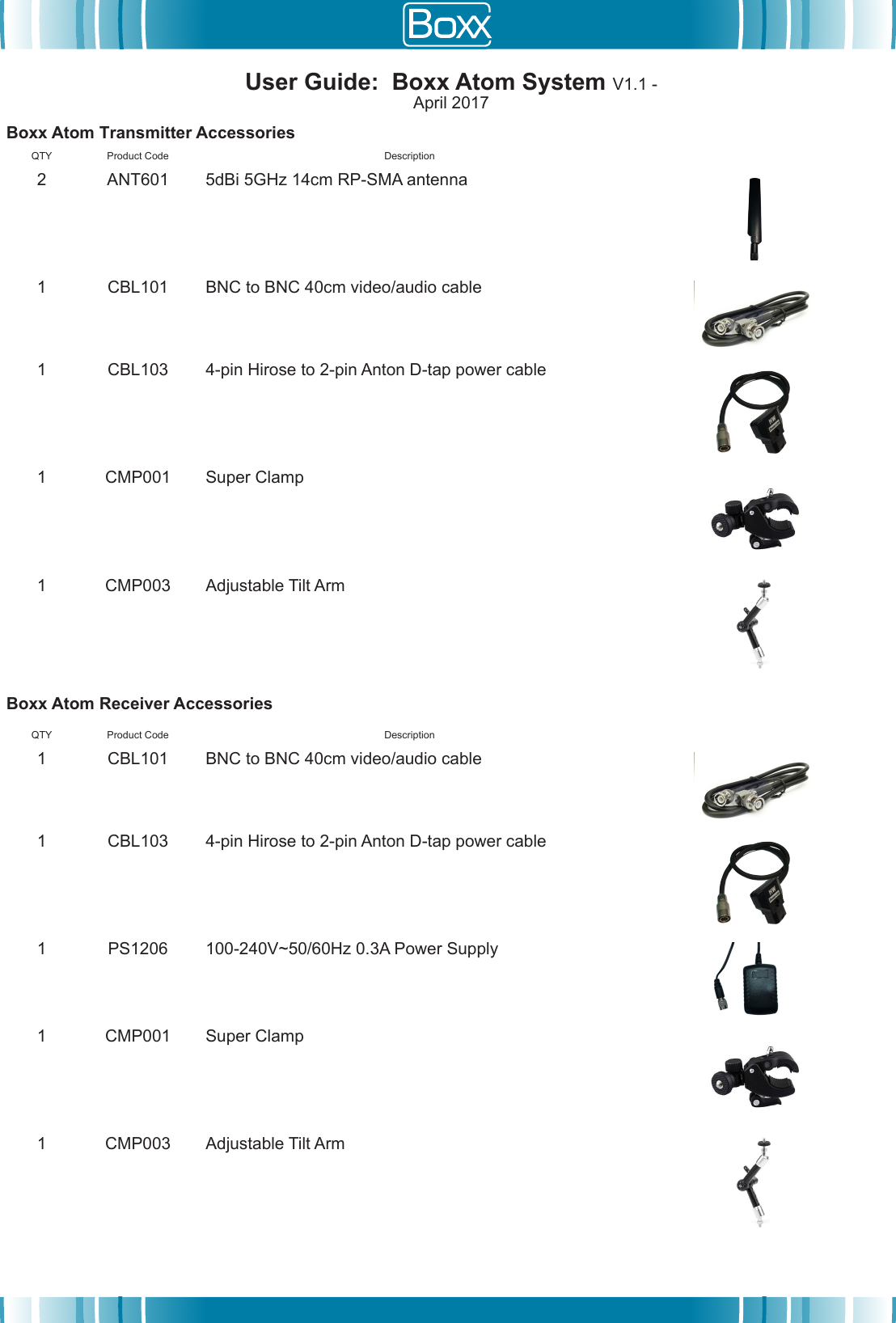 User Guide:  Boxx Atom System V1.1 - April 2017Boxx Atom Transmitter AccessoriesQTY Product Code Description2 ANT601 5dBi 5GHz 14cm RP-SMA antenna1 CBL101 BNC to BNC 40cm video/audio cable1 CBL103 4-pin Hirose to 2-pin Anton D-tap power cable1 CMP001 Super Clamp1 CMP003 Adjustable Tilt ArmBoxx Atom Receiver AccessoriesQTY Product Code Description1 CBL101 BNC to BNC 40cm video/audio cable1 CBL103 4-pin Hirose to 2-pin Anton D-tap power cable1 PS1206 100-240V~50/60Hz 0.3A Power Supply1 CMP001 Super Clamp1 CMP003 Adjustable Tilt Arm