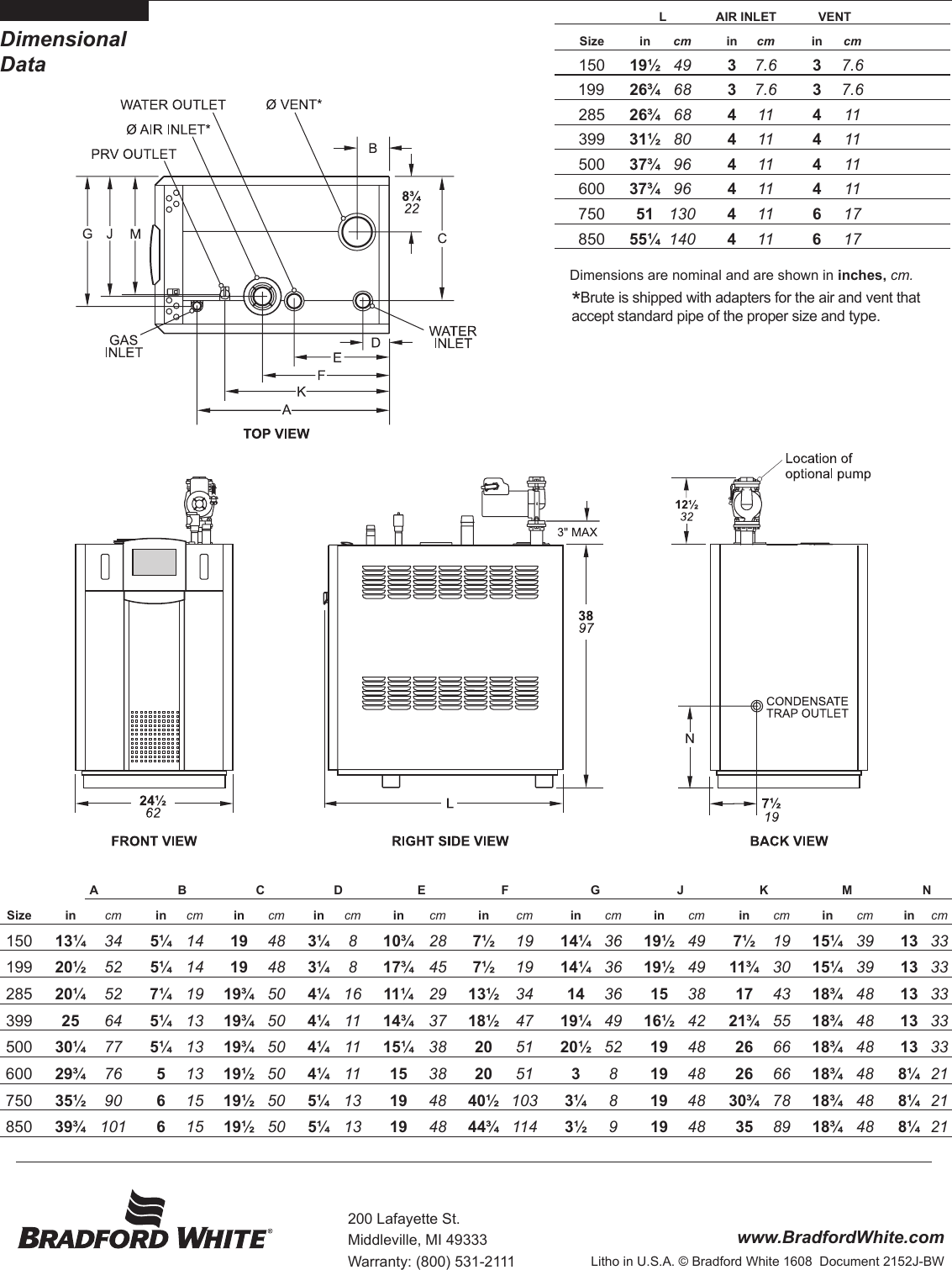 Page 4 of 4 - Bradfordwhite Canada Commercial Volume Water Heater Brute Series 150 850 Bntv Submittal 2152J Bw 2152D-NH.p65 User Manual