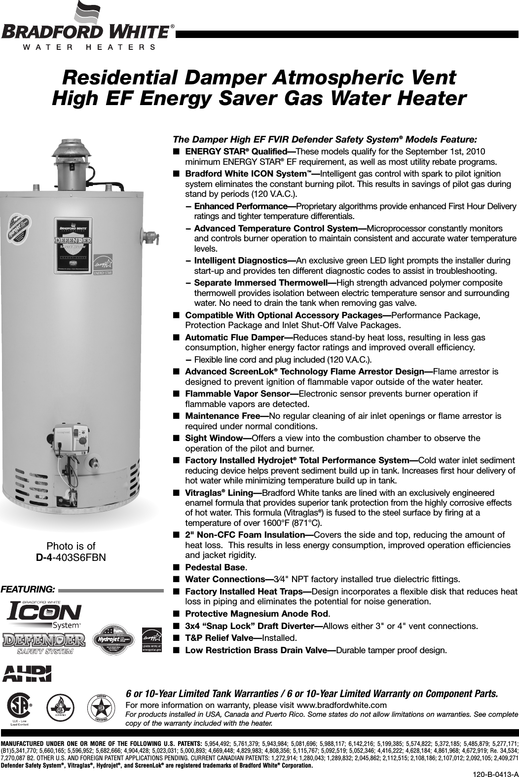 Page 1 of 2 - Bradfordwhite Canada Residential Gas Natural Atmospheric Vent Damper High Efficiency D4 Quebec Specsheet 120 I User Manual