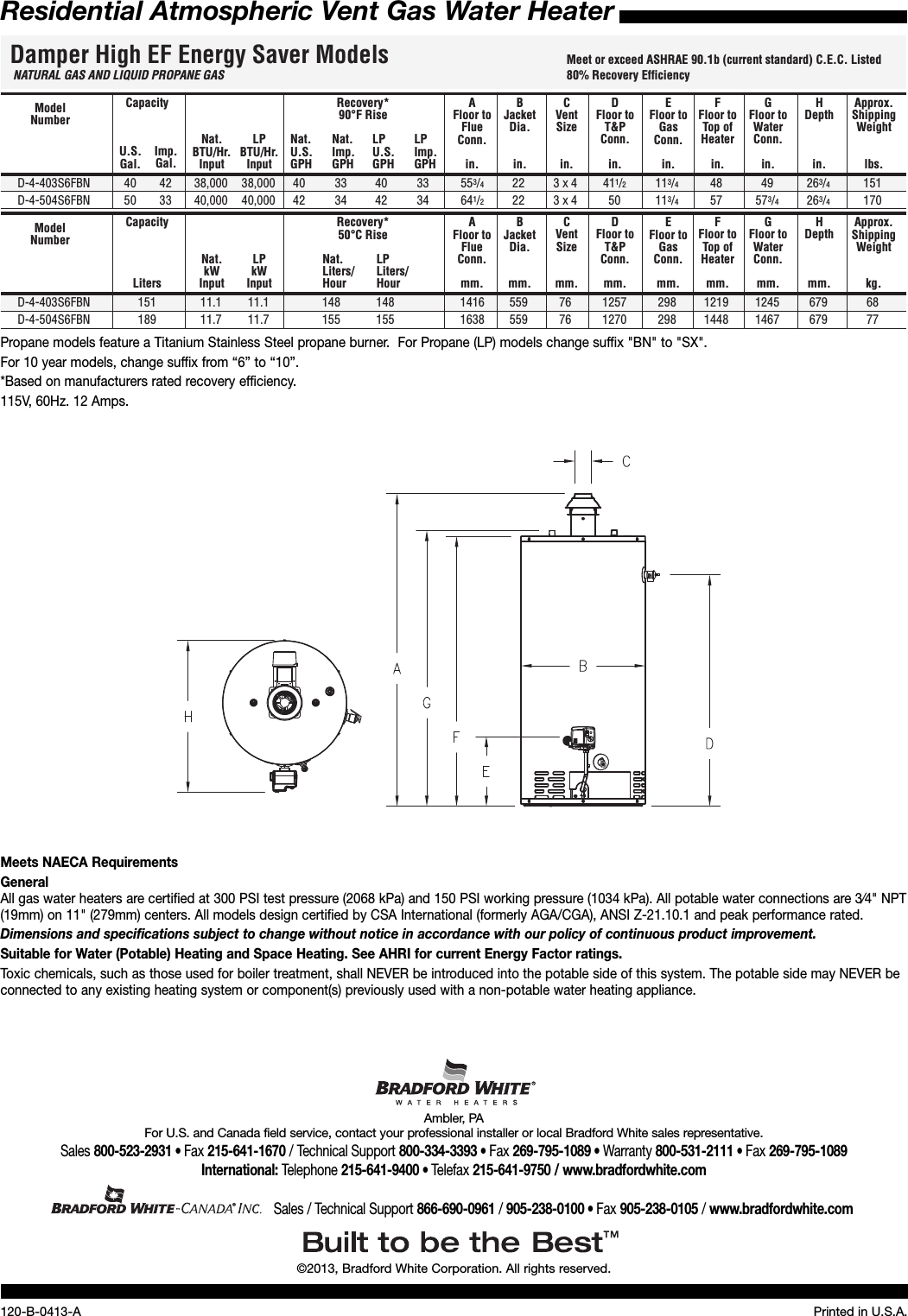 Page 2 of 2 - Bradfordwhite Canada Residential Gas Natural Atmospheric Vent Damper High Efficiency D4 Quebec Specsheet 120 I User Manual