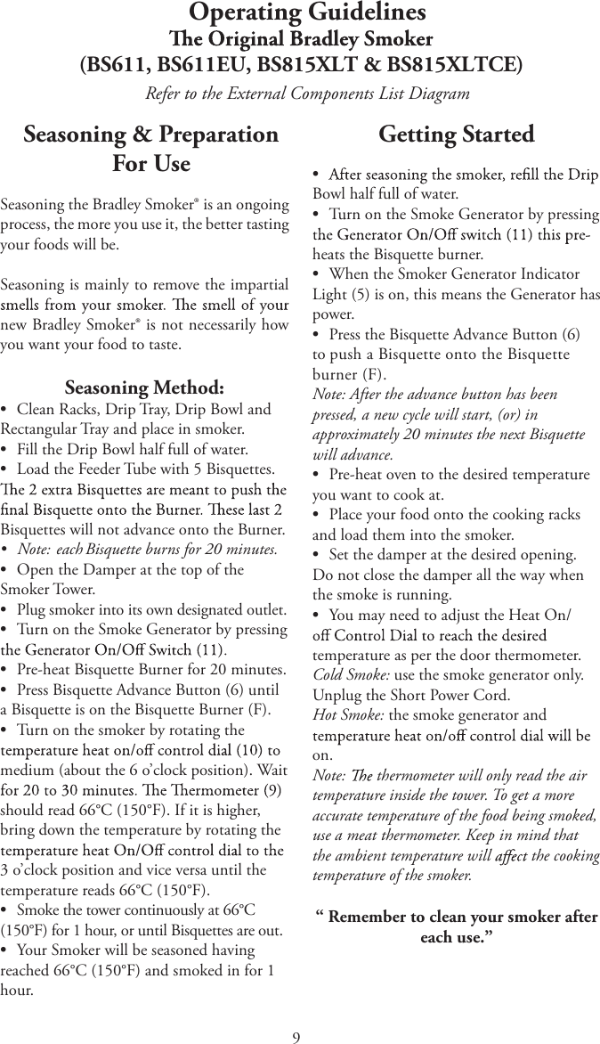 9Operating Guidelines(BS611, BS611EU, BS815XLT &amp; BS815XLTCE)Refer to the External Components List DiagramSeasoning &amp; Preparation For UseSeasoning the Bradley Smoker® is an ongoing process, the more you use it, the better tasting your foods will be.Seasoning is mainly to remove the impartial new Bradley Smoker® is not necessarily how you want your food to taste.Seasoning Method:tClean Racks, Drip Tray, Drip Bowl andRectangular Tray and place in smoker.tFill the Drip Bowl half full of water.tLoad the Feeder Tube with 5 Bisquettes.Bisquettes will not advance onto the Burner.tNote: each Bisquette burns for 20 minutes.tOpen the Damper at the top of theSmoker Tower.tPlug smoker into its own designated outlet.tTurn on the Smoke Generator by pressingtPre-heat Bisquette Burner for 20 minutes.tPress Bisquette Advance Button (6) untila Bisquette is on the Bisquette Burner (F).tTurn on the smoker by rotating themedium (about the 6 o’clock position). Wait should read 66°C (150°F). If it is higher, bring down the temperature by rotating the 3 o’clock position and vice versa until the temperature reads 66°C (150°F).tSmoke the tower continuously at 66°C(150°F) for 1 hour, or until Bisquettes are out.tYour Smoker will be seasoned havingreached 66°C (150°F) and smoked in for 1 hour.Getting Startedt Bowl half full of water.tTurn on the Smoke Generator by pressingheats the Bisquette burner.tWhen the Smoker Generator IndicatorLight (5) is on, this means the Generator has power.tPress the Bisquette Advance Button (6)to push a Bisquette onto the Bisquette burner (F). Note: After the advance button has been pressed, a new cycle will start, (or) in approximately 20 minutes the next Bisquette will advance.tPre-heat oven to the desired temperatureyou want to cook at.tPlace your food onto the cooking racksand load them into the smoker.tSet the damper at the desired opening.Do not close the damper all the way when the smoke is running.tYou may need to adjust the Heat On/temperature as per the door thermometer.Cold Smoke: use the smoke generator only. Unplug the Short Power Cord.Hot Smoke: the smoke generator and on.Note:   thermometer will only read the air temperature inside the tower. To get a more accurate temperature of the food being smoked, use a meat thermometer. Keep in mind that the ambient temperature will   the cooking temperature of the smoker.“ Remember to clean your smoker after each use.”