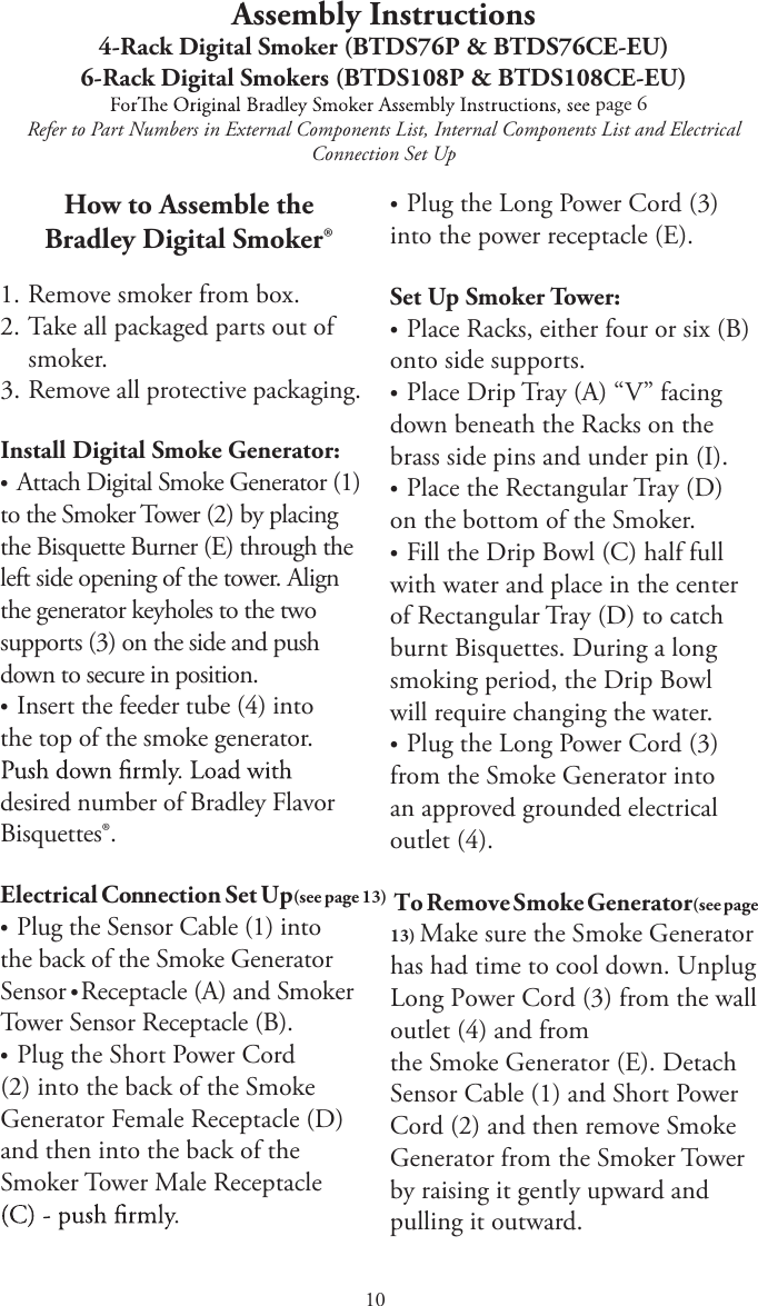 10Assembly Instructions4-Rack Digital Smoker (BTDS76P &amp; BTDS76CE-EU) 6-Rack Digital Smokers (BTDS108P &amp; BTDS108CE-EU)Refer to Part Numbers in External Components List, Internal Components List and Electricalpage 6 Connection Set UpHow to Assemble the Bradley Digital Smoker®1. Remove smoker from box.2. Take all packaged parts out ofsmoker.3. Remove all protective packaging.Install Digital Smoke Generator:tAttach Digital Smoke Generator (1)to the Smoker Tower (2) by placing the Bisquette Burner (E) through the left side opening of the tower. Align the generator keyholes to the two supports (3) on the side and push down to secure in position.tInsert the feeder tube (4) intothe top of the smoke generator. desired number of Bradley Flavor Bisquettes®.Electrical Connection Set Up(see page 1)tPlug the Sensor Cable (1) intothe back of the Smoke Generator Sensor tReceptacle (A) and Smoker Tower Sensor Receptacle (B).tPlug the Short Power Cord(2) into the back of the Smoke Generator Female Receptacle (D) and then into the back of the Smoker Tower Male Receptacle tPlug the Long Power Cord (3)into the power receptacle (E).Set Up Smoker Tower:tPlace Racks, either four or six (B)onto side supports.tPlace Drip Tray (A) “V” facingdown beneath the Racks on the brass side pins and under pin (I).tPlace the Rectangular Tray (D)on the bottom of the Smoker.tFill the Drip Bowl (C) half fullwith water and place in the center of Rectangular Tray (D) to catch burnt Bisquettes. During a long smoking period, the Drip Bowl will require changing the water.tPlug the Long Power Cord (3)from the Smoke Generator into an approved grounded electrical outlet (4).To Remove Smoke Generator(see page 1)Make sure the Smoke Generatorhas had time to cool down. Unplug Long Power Cord (3) from the wall outlet (4) and from the Smoke Generator (E). Detach Sensor Cable (1) and Short Power Cord (2) and then remove Smoke Generator from the Smoker Tower by raising it gently upward and pulling it outward.