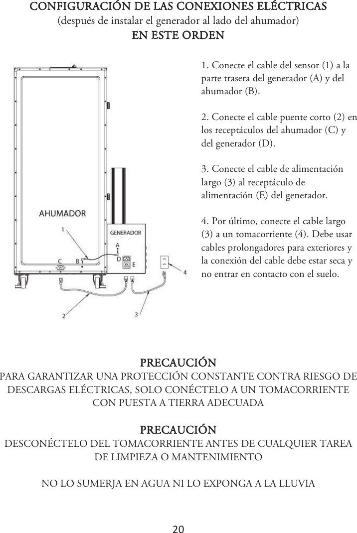 20 CONFIGURACIÓN DE LAS CONEXIONES ELÉCTRICAS (después de instalar el generador al lado del ahumador) EN ESTE ORDEN 1. Conecte el cable del sensor (1) a laparte trasera del generador (A) y del ahumador (B). 2. Conecte el cable puente corto (2) enlos receptáculos del ahumador (C) y del generador (D). 3. Conecte el cable de alimentaciónlargo (3) al receptáculo de alimentación (E) del generador. 4. Por último, conecte el cable largo(3) a un tomacorriente (4). Debe usar cables prolongadores para exteriores y la conexión del cable debe estar seca y no entrar en contacto con el suelo. PRECAUCIÓN PARA GARANTIZAR UNA PROTECCIÓN CONSTANTE CONTRA RIESGO DE DESCARGAS ELÉCTRICAS, SOLO CONÉCTELO A UN TOMACORRIENTE CON PUESTA A TIERRA ADECUADA PRECAUCIÓN DESCONÉCTELO DEL TOMACORRIENTE ANTES DE CUALQUIER TAREA DE LIMPIEZA O MANTENIMIENTO NO LO SUMERJA EN AGUA NI LO EXPONGA A LA LLUVIA 