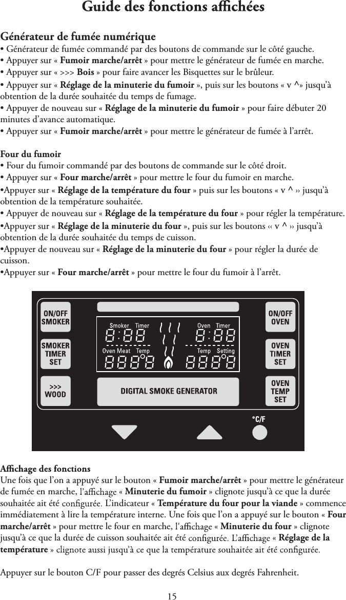 1Générateur de fumée numériquetGénérateur de fumée commandé par des boutons de commande sur le côté gauche.tAppuyer sur « Fumoir marche/arrêt » pour mettre le générateur de fumée en marche.tAppuyer sur « &gt;&gt;&gt; Bois » pour faire avancer les Bisquettes sur le brûleur.tAppuyer sur « Réglage de la minuterie du fumoir », puis sur les boutons « v ^» jusqu’àobtention de la durée souhaitée du temps de fumage.tAppuyer de nouveau sur « Réglage de la minuterie du fumoir » pour faire débuter 20minutes d’avance automatique.tAppuyer sur « Fumoir marche/arrêt » pour mettre le générateur de fumée à l’arrêt.Four du fumoirtFour du fumoir commandé par des boutons de commande sur le côté droit.tAppuyer sur « Four marche/arrêt » pour mettre le four du fumoir en marche.tAppuyer sur « Réglage de la température du four » puis sur les boutons « v ^ ›› jusqu’àobtention de la température souhaitée.tAppuyer de nouveau sur « Réglage de la température du four » pour régler la température.tAppuyer sur « Réglage de la minuterie du four », puis sur les boutons ‹‹ v ^ ›› jusqu’àobtention de la durée souhaitée du temps de cuisson.tAppuyer de nouveau sur « Réglage de la minuterie du four » pour régler la durée decuisson.tAppuyer sur « Four marche/arrêt » pour mettre le four du fumoir à l’arrêt.Une fois que l’on a appuyé sur le bouton « Fumoir marche/arrêt » pour mettre le générateur de fumée en marche,   « Minuterie du fumoir » clignote jusqu’à ce que la durée souhaitée ait été   L’indicateur « Température du four pour la viande » commence immédiatement à lire la température interne. Une fois que l’on a appuyé sur le bouton « Four marche/arrêt » pour mettre le four en marche,   « Minuterie du four » clignote jusqu’à ce que la durée de cuisson souhaitée ait été   « Réglage de la température Appuyer sur le bouton C/F pour passer des degrés Celsius aux degrés Fahrenheit.