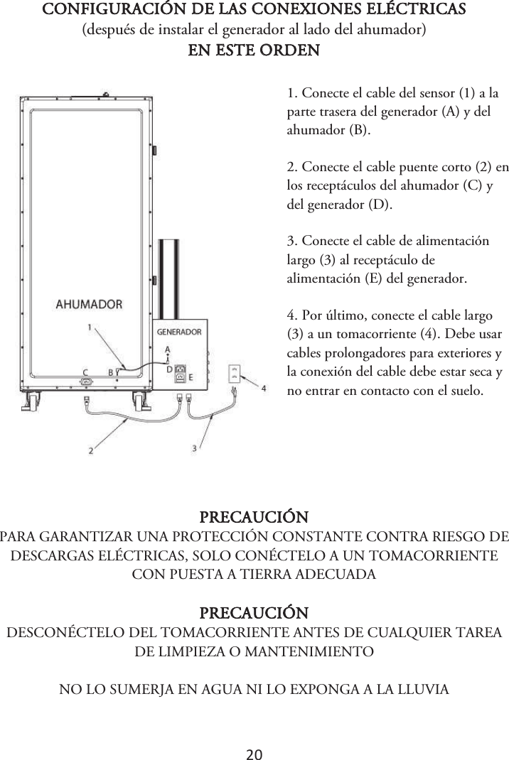 20 CONFIGURACIÓN DE LAS CONEXIONES ELÉCTRICAS (después de instalar el generador al lado del ahumador) EN ESTE ORDEN 1. Conecte el cable del sensor (1) a laparte trasera del generador (A) y del ahumador (B). 2. Conecte el cable puente corto (2) enlos receptáculos del ahumador (C) y del generador (D). 3. Conecte el cable de alimentaciónlargo (3) al receptáculo de alimentación (E) del generador. 4. Por último, conecte el cable largo(3) a un tomacorriente (4). Debe usar cables prolongadores para exteriores y la conexión del cable debe estar seca y no entrar en contacto con el suelo. PRECAUCIÓN PARA GARANTIZAR UNA PROTECCIÓN CONSTANTE CONTRA RIESGO DE DESCARGAS ELÉCTRICAS, SOLO CONÉCTELO A UN TOMACORRIENTE CON PUESTA A TIERRA ADECUADA PRECAUCIÓN DESCONÉCTELO DEL TOMACORRIENTE ANTES DE CUALQUIER TAREA DE LIMPIEZA O MANTENIMIENTO NO LO SUMERJA EN AGUA NI LO EXPONGA A LA LLUVIA 