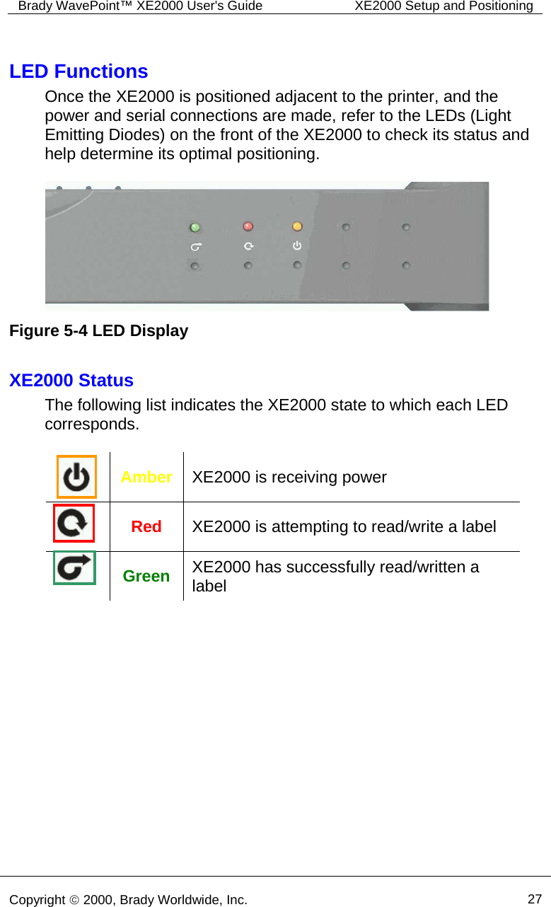 Brady WavePoint™ XE2000 User&apos;s Guide  XE2000 Setup and Positioning      Copyright © 2000, Brady Worldwide, Inc.  27  LED Functions Once the XE2000 is positioned adjacent to the printer, and the power and serial connections are made, refer to the LEDs (Light Emitting Diodes) on the front of the XE2000 to check its status and help determine its optimal positioning.     XE2000 Status The following list indicates the XE2000 state to which each LED corresponds.   Amber  XE2000 is receiving power   Red  XE2000 is attempting to read/write a label  Green  XE2000 has successfully read/written a label Figure 5-4 LED Display