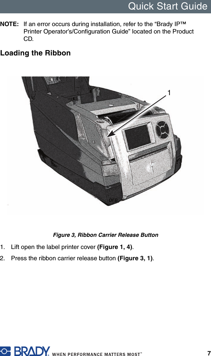 Quick Start Guide7NOTE: If an error occurs during installation, refer to the “Brady IP™ Printer Operator’s/Configuration Guide” located on the Product CD.Loading the RibbonFigure 3, Ribbon Carrier Release Button1. Lift open the label printer cover (Figure 1, 4).2. Press the ribbon carrier release button (Figure 3, 1).1