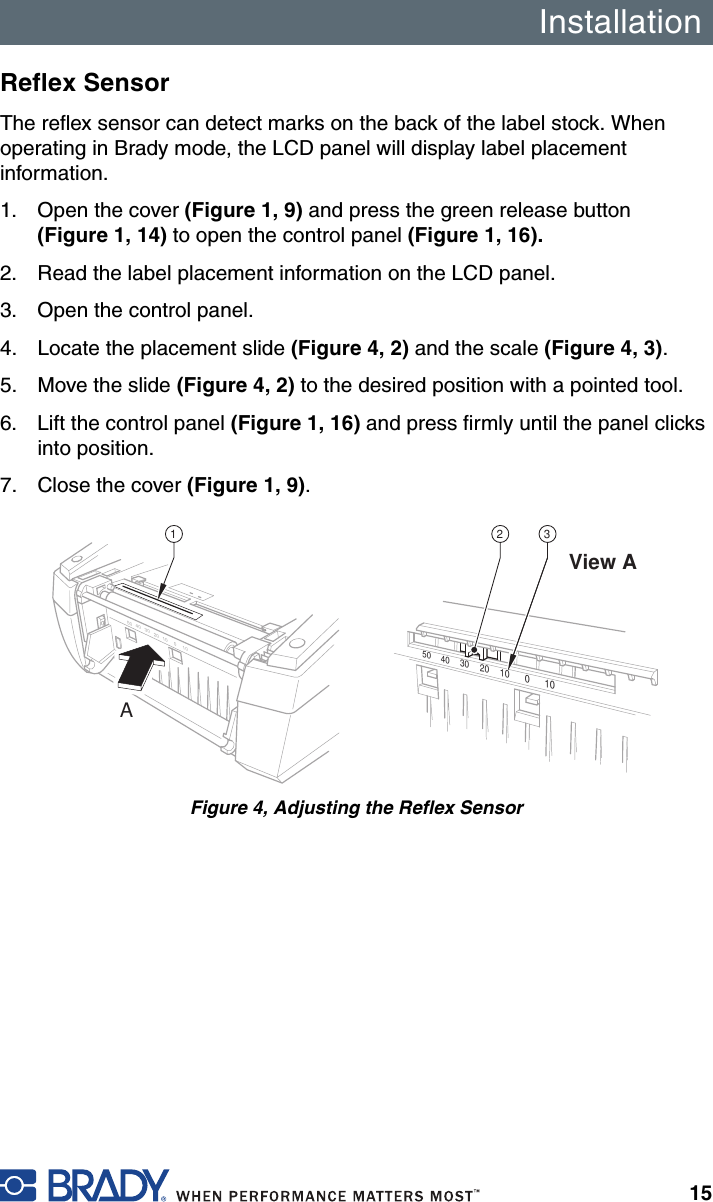 Installation15Reflex SensorThe reflex sensor can detect marks on the back of the label stock. When operating in Brady mode, the LCD panel will display label placement information.1. Open the cover (Figure 1, 9) and press the green release button (Figure 1, 14) to open the control panel (Figure 1, 16). 2. Read the label placement information on the LCD panel.3. Open the control panel.4. Locate the placement slide (Figure 4, 2) and the scale (Figure 4, 3).5. Move the slide (Figure 4, 2) to the desired position with a pointed tool.6. Lift the control panel (Figure 1, 16) and press firmly until the panel clicks into position.7. Close the cover (Figure 1, 9).Figure 4, Adjusting the Reflex Sensor101002030405020 10 0103040502 3A1View A