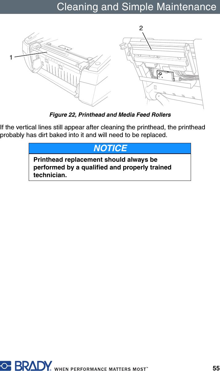 Cleaning and Simple Maintenance55Figure 22, Printhead and Media Feed RollersIf the vertical lines still appear after cleaning the printhead, the printhead probably has dirt baked into it and will need to be replaced.NOTICEPrinthead replacement should always be performed by a qualified and properly trained technician.20 10 01030405012