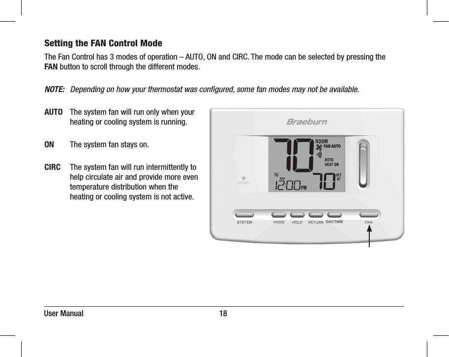 User Manual                                                                     18DAY/ TIMEFAN AUTOSetting the FAN Control Mode   The Fan Control has 3 modes of operation – AUTO, ON and CIRC. The mode can be selected by pressing the FAN button to scroll through the different modes.NOTE:   Depending on how your thermostat was conﬁgured, some fan modes may not be available.AUTO  The system fan will run only when your       heating or cooling system is running.ON   The system fan stays on.CIRC  The system fan will run intermittently to       help circulate air and provide more even       temperature distribution when the       heating or cooling system is not active.
