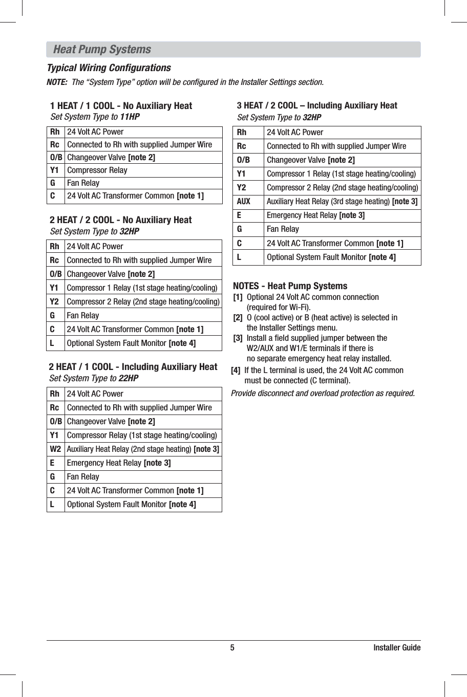                                                                          5                                                                    Installer Guide1 HEAT / 1 COOL - No Auxiliary HeatSet System Type to )1Rh 7PMU&quot;$1PXFSRc $POOFDUFEUP3IXJUITVQQMJFE+VNQFS8JSFO/B$IBOHFPWFS7BMWF [note 2]Y1 $PNQSFTTPS3FMBZG &apos;BO3FMBZC 7PMU&quot;$5SBOTGPSNFS$PNNPO [note 1] 3 HEAT / 2 COOL – Including Auxiliary HeatSet System Type to )1Rh 7PMU&quot;$1PXFSRc $POOFDUFEUP3IXJUITVQQMJFE+VNQFS8JSFO/B $IBOHFPWFS7BMWF [note 2]Y1 $PNQSFTTPS3FMBZTUTUBHFIFBUJOHDPPMJOHY2 $PNQSFTTPS3FMBZOETUBHFIFBUJOHDPPMJOHAUX &quot;VYJMJBSZ)FBU3FMBZSETUBHFIFBUJOH[note 3]E  &amp;NFSHFODZ)FBU3FMBZ [note 3]G &apos;BO3FMBZC 7PMU&quot;$5SBOTGPSNFS$PNNPO[note 1]L 0QUJPOBM4ZTUFN&apos;BVMU.POJUPS[note 4]  2 HEAT / 1 COOL - Including Auxiliary Heat  Set System Type to )1 Rh 7PMU&quot;$1PXFS Rc $POOFDUFEUP3IXJUITVQQMJFE+VNQFS8JSF O/B$IBOHFPWFS7BMWF[note 2] Y1 $PNQSFTTPS3FMBZTUTUBHFIFBUJOHDPPMJOH W2 &quot;VYJMJBSZ)FBU3FMBZOETUBHFIFBUJOH[note 3] E &amp;NFSHFODZ)FBU3FMBZ[note 3] G &apos;BO3FMBZ C 7PMU&quot;$5SBOTGPSNFS$PNNPO[note 1] L 0QUJPOBM4ZTUFN&apos;BVMU.POJUPS[note 4]2 HEAT / 2 COOL - No Auxiliary HeatSet System Type to )1Rh 7PMU&quot;$1PXFSRc $POOFDUFEUP3IXJUITVQQMJFE+VNQFS8JSFO/B$IBOHFPWFS7BMWF[note 2]Y1 $PNQSFTTPS3FMBZTUTUBHFIFBUJOHDPPMJOHY2 $PNQSFTTPS3FMBZOETUBHFIFBUJOHDPPMJOHG &apos;BO3FMBZC 7PMU&quot;$5SBOTGPSNFS$PNNPO[note 1]L 0QUJPOBM4ZTUFN&apos;BVMU.POJUPS[note 4]NOTES - Heat Pump Systems[1] 0QUJPOBM7PMU&quot;$DPNNPODPOOFDUJPO SFRVJSFEGPS8J&apos;J[2] 0DPPMBDUJWFPS#IFBUBDUJWFJTTFMFDUFEJO UIF*OTUBMMFS4FUUJOHTNFOV[3] *OTUBMMBmFMETVQQMJFEKVNQFSCFUXFFOUIF 8&quot;69BOE8&amp;UFSNJOBMTJGUIFSFJT OPTFQBSBUFFNFSHFODZIFBUSFMBZJOTUBMMFE[4] *GUIF-UFSNJOBMJTVTFEUIF7PMU&quot;$DPNNPO NVTUCFDPOOFDUFE$UFSNJOBMProvide disconnect and overload protection as required.5ZQJDBM8JSJOH$POmHVSBUJPOTNOTE:  The “System Type” option will be conﬁgured in the Installer Settings section. )FBU1VNQ4ZTUFNT