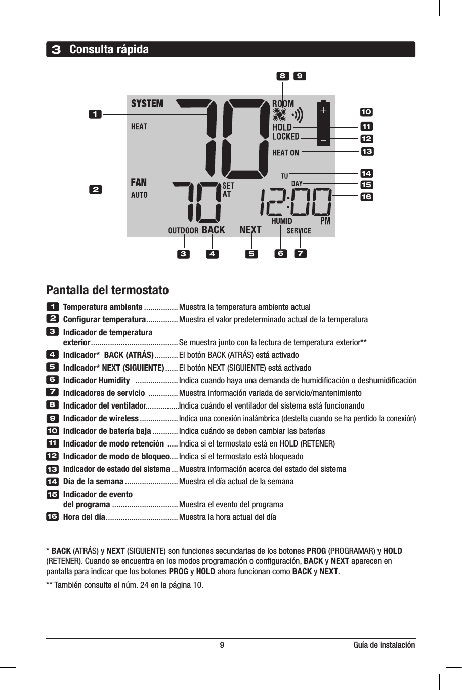 3Consulta rápida      * BACK(ATRÁS)yNEXT(SIGUIENTE)sonfuncionessecundariasdelosbotonesPROG(PROGRAMAR)yHOLD      (RETENER).Cuandoseencuentraenlosmodosprogramaciónoconguración,BACK y NEXTaparecenen  pantallaparaindicarquelosbotonesPROG y HOLDahorafuncionancomoBACK y NEXT.  **Tambiénconsulteelnúm.24enlapágina10.                                                                     9                                                                Guía de instalaciónBACK NEXT    HUMID123 4891112135614151610    Temperatura ambiente ................ Muestralatemperaturaambienteactual    Conﬁgurar temperatura ...............Muestraelvalorpredeterminadoactualdelatemperatura    Indicador de temperatura       exterior .........................................Semuestrajuntoconlalecturadetemperaturaexterior**    Indicador*  BACK (ATRÁS) ........... ElbotónBACK(ATRÁS)estáactivado      Indicador* NEXT (SIGUIENTE) ...... ElbotónNEXT(SIGUIENTE)estáactivado    Indicador Humidity   ....................Indicacuandohayaunademandadehumidicaciónodeshumidicación    Indicadores de servicio  .............. Muestrainformaciónvariadadeservicio/mantenimiento    Indicador del ventilador................Indicacuándoelventiladordelsistemaestáfuncionando    Indicador de wireless ..................  Indicaunaconexióninalámbrica(destellacuandosehaperdidolaconexión)    Indicador de batería baja ............Indicacuándosedebencambiarlasbaterías    Indicador de modo retención  ..... IndicasieltermostatoestáenHOLD(RETENER)    Indicador de modo de bloqueo.... Indicasieltermostatoestábloqueado    Indicador de estado del sistema ...Muestrainformaciónacercadelestadodelsistema    Día de la semana ......................... Muestraeldíaactualdelasemana         Indicador de evento       del programa ...............................Muestraeleventodelprograma     Hora del día ..................................Muestralahoraactualdeldía1234567891011Pantalla del termostato12131415716