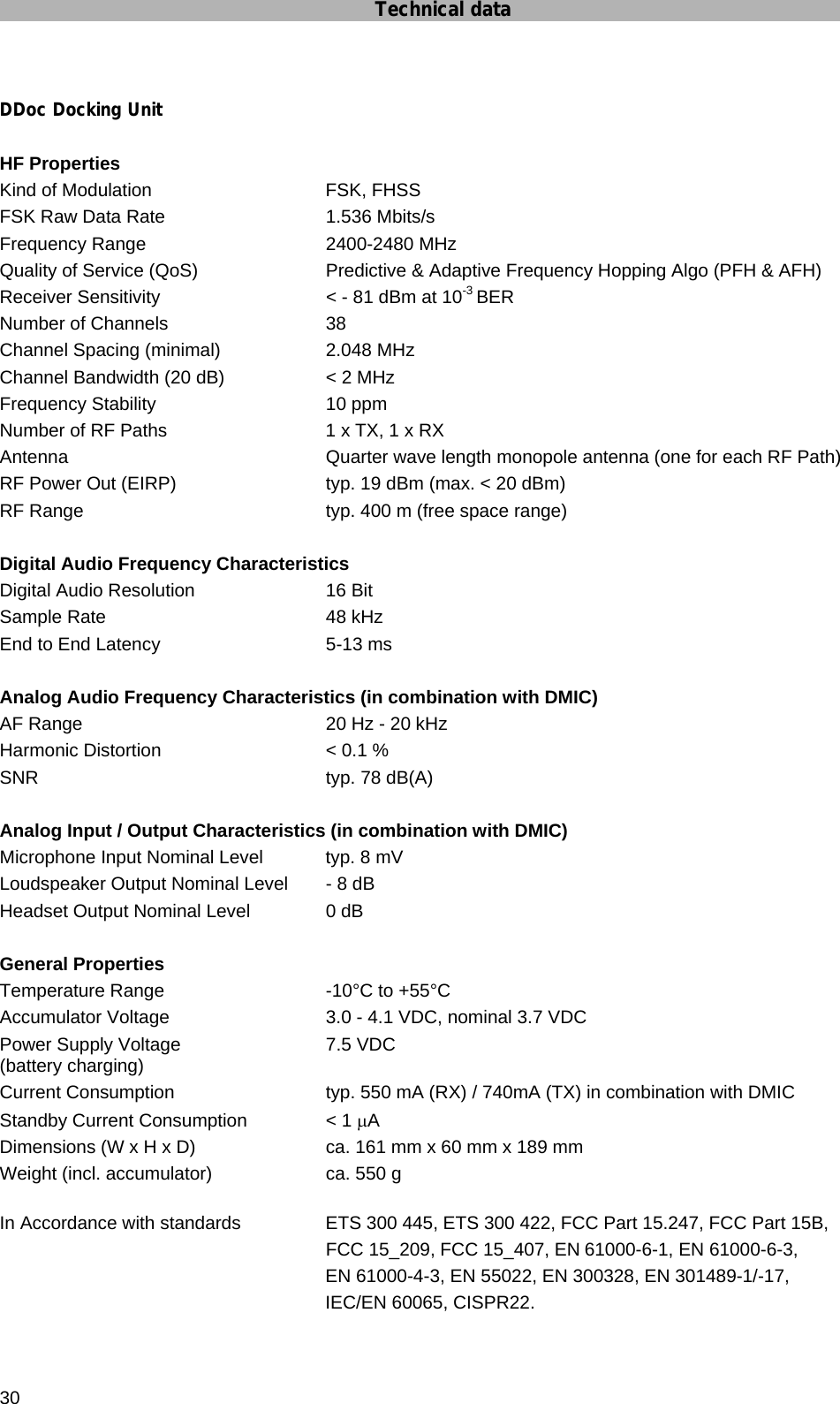 Technical data 30  DDoc Docking Unit  HF Properties Kind of Modulation      FSK, FHSS FSK Raw Data Rate      1.536 Mbits/s Frequency Range   2400-2480 MHz Quality of Service (QoS)    Predictive &amp; Adaptive Frequency Hopping Algo (PFH &amp; AFH) Receiver Sensitivity      &lt; - 81 dBm at 10-3 BER Number of Channels      38 Channel Spacing (minimal)    2.048 MHz Channel Bandwidth (20 dB)    &lt; 2 MHz Frequency Stability       10 ppm Number of RF Paths      1 x TX, 1 x RX Antenna          Quarter wave length monopole antenna (one for each RF Path) RF Power Out (EIRP)      typ. 19 dBm (max. &lt; 20 dBm) RF Range         typ. 400 m (free space range)    Digital Audio Frequency Characteristics Digital Audio Resolution   16 Bit Sample Rate    48 kHz End to End Latency      5-13 ms  Analog Audio Frequency Characteristics (in combination with DMIC) AF Range        20 Hz - 20 kHz  Harmonic Distortion       &lt; 0.1 % SNR      typ. 78 dB(A)  Analog Input / Output Characteristics (in combination with DMIC) Microphone Input Nominal Level  typ. 8 mV Loudspeaker Output Nominal Level  - 8 dB Headset Output Nominal Level    0 dB  General Properties Temperature Range   -10°C to +55°C Accumulator Voltage      3.0 - 4.1 VDC, nominal 3.7 VDC Power Supply Voltage      7.5 VDC  (battery charging) Current Consumption      typ. 550 mA (RX) / 740mA (TX) in combination with DMIC Standby Current Consumption    &lt; 1 µA Dimensions (W x H x D)    ca. 161 mm x 60 mm x 189 mm Weight (incl. accumulator)    ca. 550 g  In Accordance with standards    ETS 300 445, ETS 300 422, FCC Part 15.247, FCC Part 15B,             FCC 15_209, FCC 15_407, EN 61000-6-1, EN 61000-6-3,  EN 61000-4-3, EN 55022, EN 300328, EN 301489-1/-17,  IEC/EN 60065, CISPR22.  