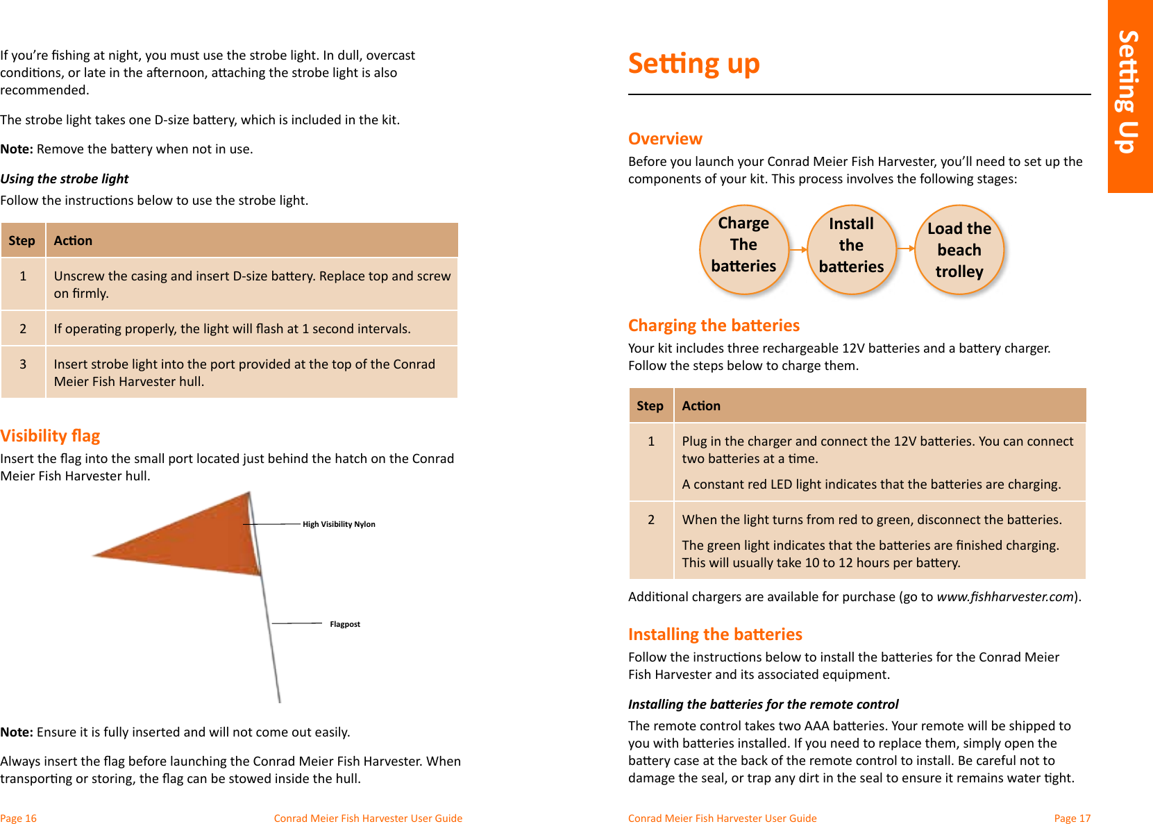 Conrad Meier Fish Harvester User Guide  Conrad Meier Fish Harvester User Guiderecommended.Note:Using the strobe lightStep Acon123Meier Fish Harvester hull.Visibility agMeier Fish Harvester hull. Note: Ensure it is fully inserted and will not come out easily.Seng upOverviewCharging the baeriesStep Acon12www.shharvester.comInstalling the baeriesInstalling the baeries for the remote controlSeng upHigh Visibility NylonFlagpostCharge The baeriesInstall  the baeriesLoad the beach trolleyYour kitSeng Up