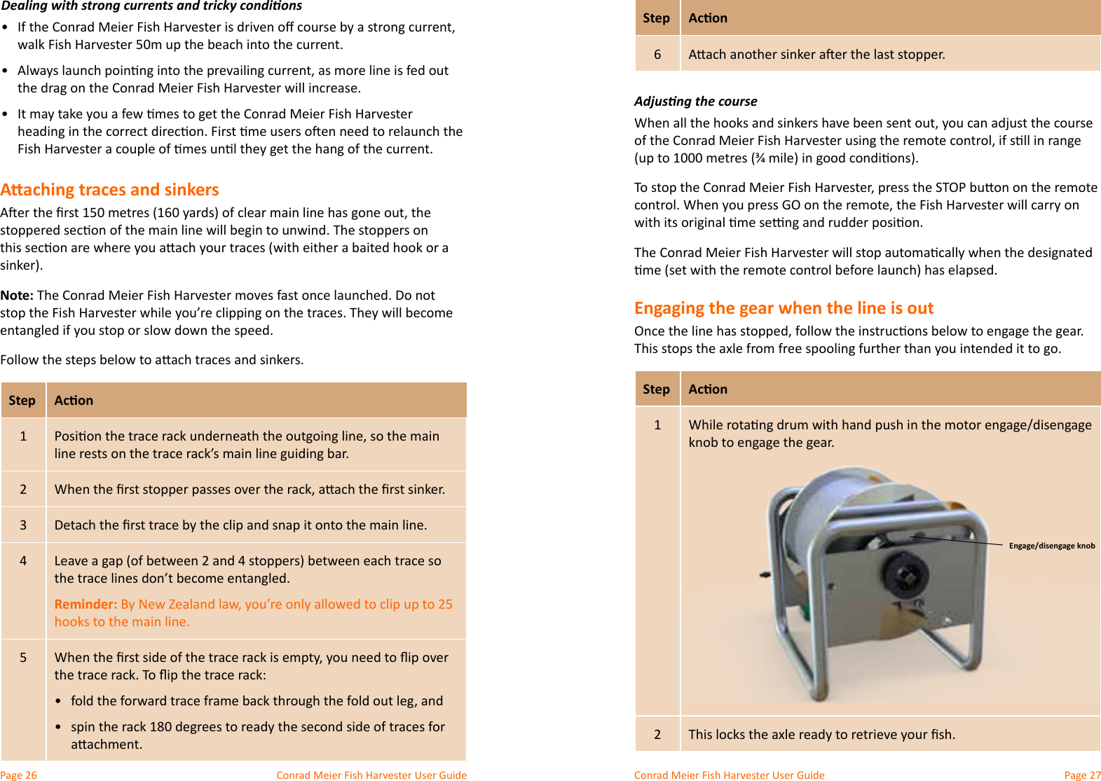 Conrad Meier Fish Harvester User Guide  Conrad Meier Fish Harvester User GuideAaching traces and sinkersNote: The Conrad Meier Fish Harvester moves fast once launched. Do not Step Acon1234Reminder:hooks to the main line.5•  •  Step Acon6Adjusng the course(up to 1000 metres (Engaging the gear when the line is outStep Acon12Engage/disengage knobDealing with strong currents and tricky condions•  walk Fish Harvester 50m up the beach into the current.•  •  