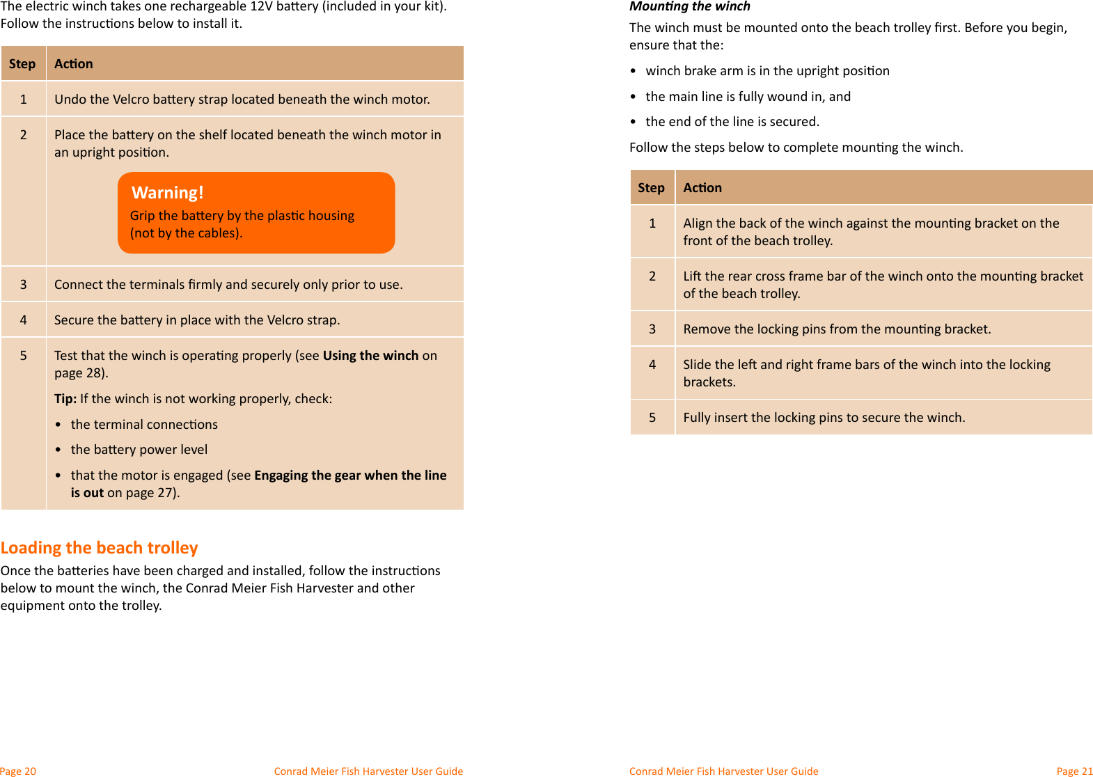 Conrad Meier Fish Harvester User Guide  Conrad Meier Fish Harvester User GuideStep Acon12Warning! 345Using the winch on Tip:•  •  •  Engaging the gear when the line is outLoading the beach trolleyMounng the winchensure that the:•  •  •  the end of the line is secured.Step Acon1front of the beach trolley.2of the beach trolley.34brackets.5