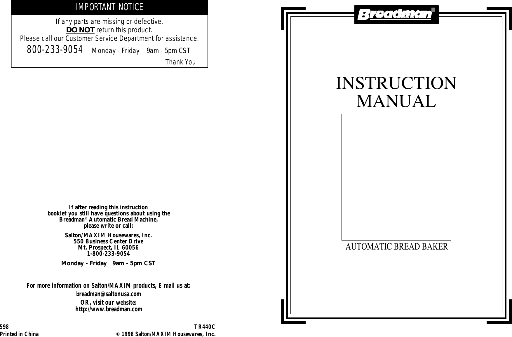 Featured image of post Breadman Manual Tr440 Please be advised this will fit the tr440 but will not fir the tr440c