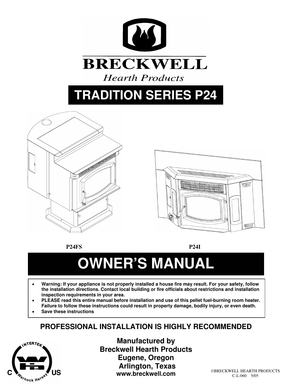 Breckwell Tradition P24Fs Users Manual P24 Blazer Pellet Stove Owner's 2005