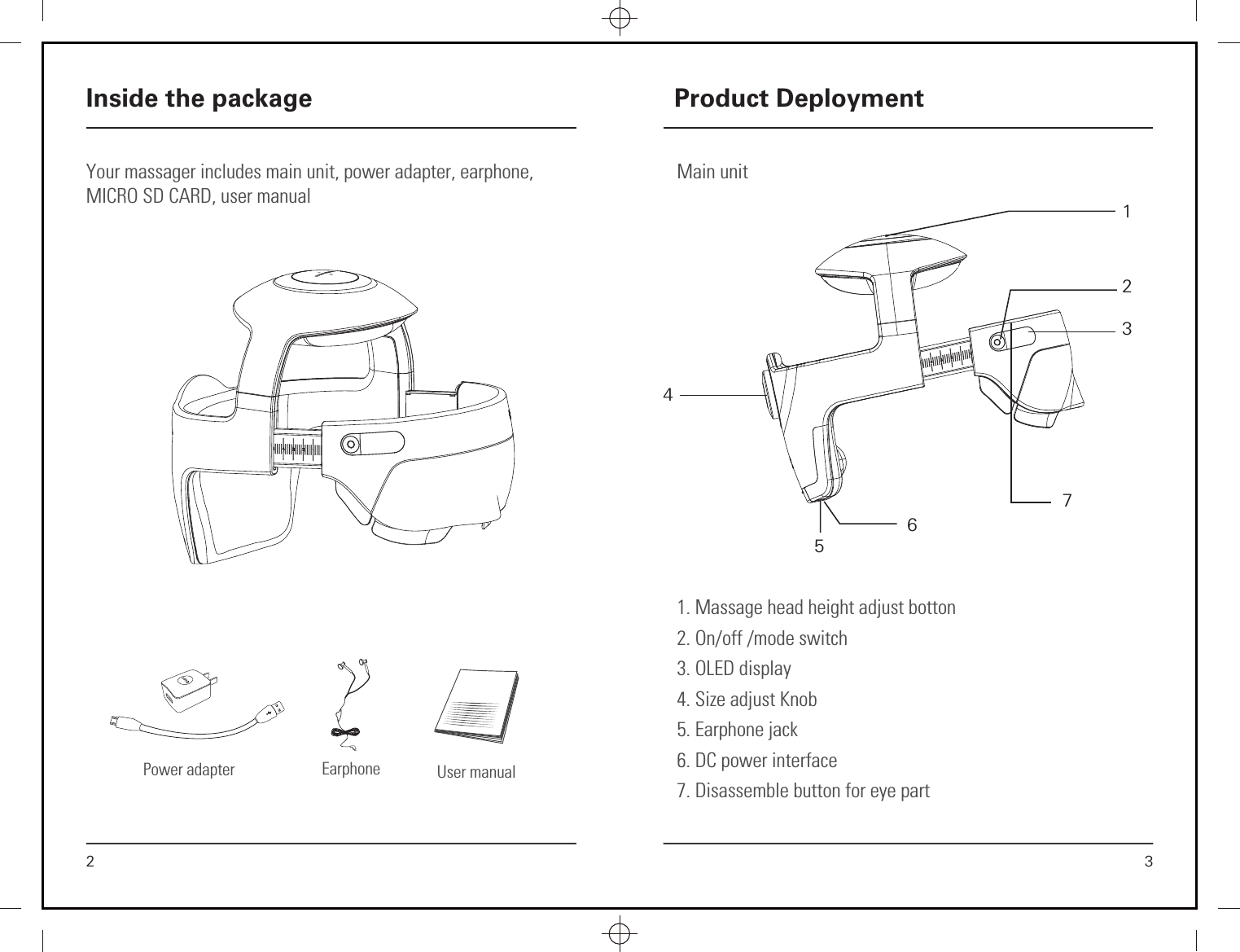 Main unit3Product Deployment1. Massage head height adjust botton2. On/off /mode switch3. OLED display4. Size adjust Knob  5. Earphone jack6. DC power interface7. Disassemble button for eye part1273456Your massager includes main unit, power adapter, earphone, MICRO SD CARD, user manual 2Inside the packageUser manualPower adapter Earphone