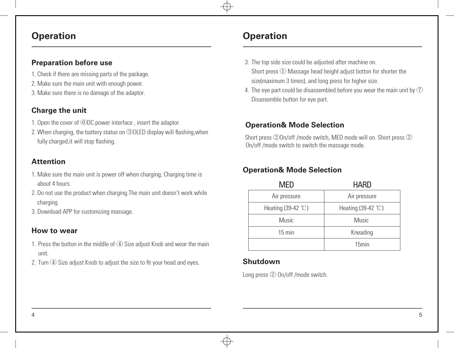 Preparation before use1. Check if there are missing parts of the package.2. Make sure the main unit with enough power.3. Make sure there is no damage of the adaptor.4OperationCharge the unit 1. Open the cover of ⑥DC power interface , insert the adaptor.2. When charging, the battery status on ③OLED display will ﬂashing,when      fully charged,it will stop ﬂashing.Attention1. Make sure the main unit is power off when charging; Charging time is       about 4 hours.2. Do not use the product when charging.The main unit doesn&rsquo;t work while      charging3. Download APP for customizing massage.How to wear1.  Press the button in the middle of ④ Size adjust Knob and wear the main unit.2. Turn ④ Size adjust Knob to adjust the size to ﬁt your head and eyes.Operation&amp; Mode SelectionShort press ②On/off /mode switch, MED mode will on. Short press ②On/off /mode switch to switch the massage mode.5OperationLong press ② On/off /mode switch.ShutdownOperation&amp; Mode SelectionAir pressureHeating (39-42 ć)Music15 minAir pressureHeating (39-42 ć) Music Kneading15minMED HARD3.  The top side size could be adjusted after machine on. Short press ① Massage head height adjust botton for shorter the size(maximum 3 times), and long press for higher size.4.  The eye part could be disassembled before you wear the main unit by ⑦Disassemble button for eye part.