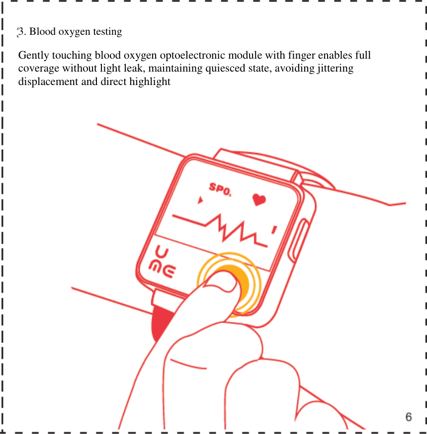    3. Blood oxygen testing Gently touching blood oxygen optoelectronic module with finger enables full coverage without light leak, maintaining quiesced state, avoiding jittering displacement and direct highlight  