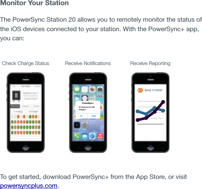 Monitor Your StationThe PowerSync Station 20 allows you to remotely monitor the status of the iOS devices connected to your station. With the PowerSync+ app, you can:Check Charge Status Receive Notiﬁcations Receive ReportingPowerSync+All devices are fully chargedOK View®To get started, download PowerSync+ from the App Store, or visit powersyncplus.com.