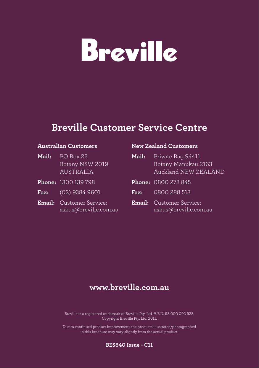 Breville BES840 User Manual To The 