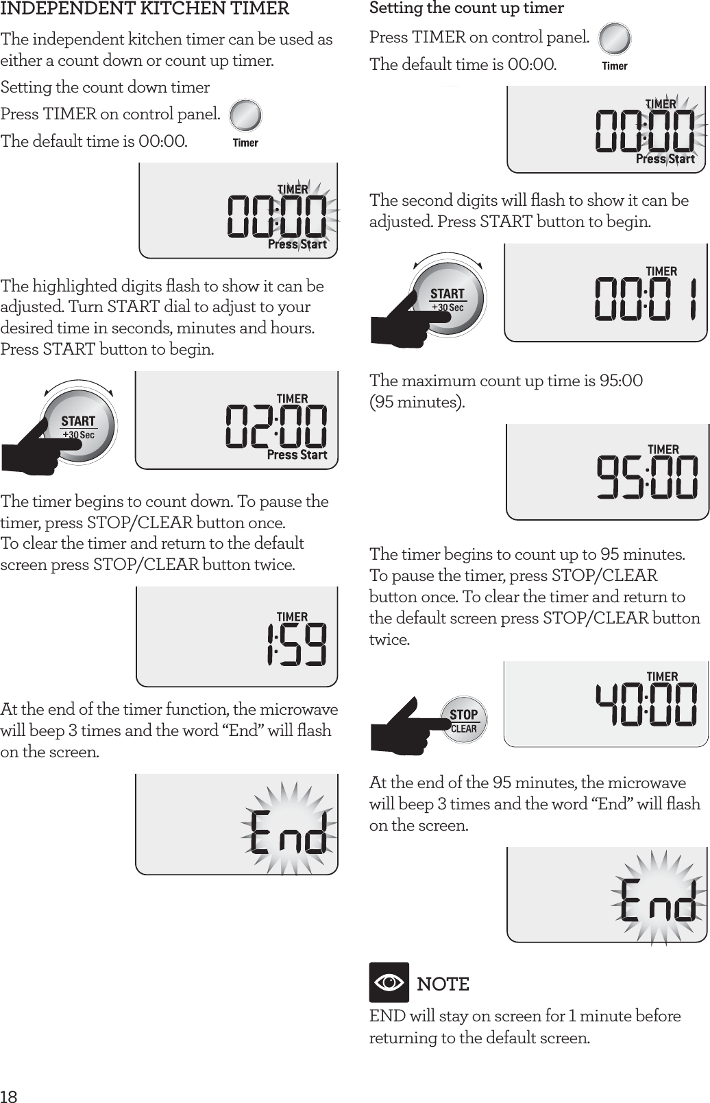 18INDEPENDENT KITCHEN TIMERThe independent kitchen timer can be used as either a count down or count up timer.Setting the count down timerPress TIMER on control panel.   The default time is 00:00.The highlighted digits ﬂash to show it can be adjusted. Turn START dial to adjust to your desired time in seconds, minutes and hours. Press START button to begin.The timer begins to count down. To pause the timer, press STOP/CLEAR button once. To clear the timer and return to the default screen press STOP/CLEAR button twice.At the end of the timer function, the microwave will beep 3 times and the word &ldquo;End&rdquo; will ﬂash on the screen.Setting the count up timerPress TIMER on control panel. The default time is 00:00.The second digits will ﬂash to show it can be adjusted. Press START button to begin.The maximum count up time is 95:00  (95 minutes).The timer begins to count up to 95 minutes.  To pause the timer, press STOP/CLEAR button once. To clear the timer and return to the default screen press STOP/CLEAR button twice.At the end of the 95 minutes, the microwave will beep 3 times and the word &ldquo;End&rdquo; will ﬂash on the screen.NOTEEND will stay on screen for 1 minute before returning to the default screen.