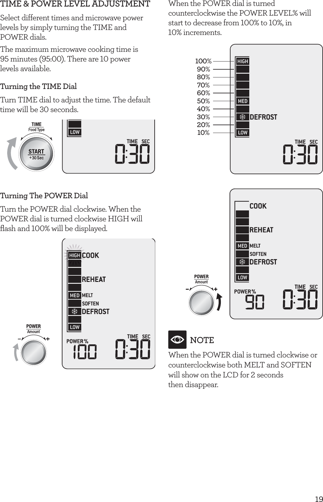 19TIME &amp; POWER LEVEL ADJUSTMENT Select different times and microwave power levels by simply turning the TIME and  POWER dials.The maximum microwave cooking time is  95 minutes (95:00). There are 10 power  levels available. Turning the TIME Dial Turn TIME dial to adjust the time. The default time will be 30 seconds.Turning The POWER DialTurn the POWER dial clockwise. When the POWER dial is turned clockwise HIGH will ﬂash and 100% will be displayed.When the POWER dial is turned counterclockwise the POWER LEVEL% will start to decrease from 100% to 10%, in  10% increments.100%90%80%70%60%50%40%30%20%10%NOTEWhen the POWER dial is turned clockwise or counterclockwise both MELT and SOFTEN will show on the LCD for 2 seconds  then disappear.