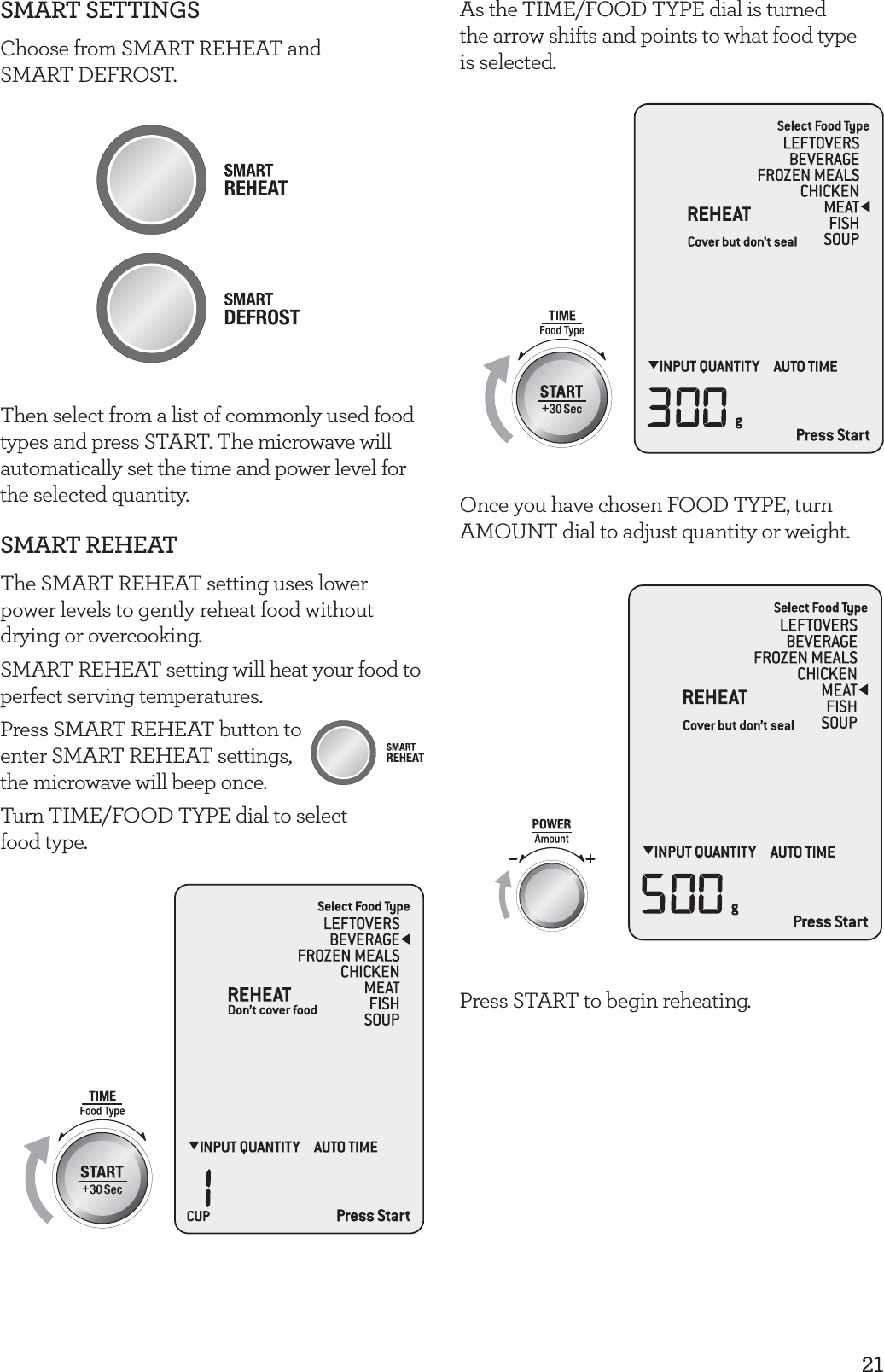 21SMART SETTINGSChoose from SMART REHEAT and  SMART DEFROST. Then select from a list of commonly used food types and press START. The microwave will automatically set the time and power level for the selected quantity.SMART REHEATThe SMART REHEAT setting uses lower power levels to gently reheat food without drying or overcooking.SMART REHEAT setting will heat your food to perfect serving temperatures.Press SMART REHEAT button to  enter SMART REHEAT settings,  the microwave will beep once. Turn TIME/FOOD TYPE dial to select food type.As the TIME/FOOD TYPE dial is turned  the arrow shifts and points to what food type  is selected.Once you have chosen FOOD TYPE, turn AMOUNT dial to adjust quantity or weight.Press START to begin reheating.