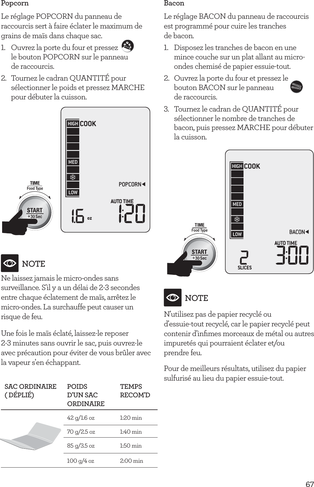 67PopcornLe r&eacute;glage POPCORN du panneau de raccourcis sert &agrave; faire &eacute;clater le maximum de grains de ma&iuml;s dans chaque sac.1.  Ouvrez la porte du four et pressez  le bouton POPCORN sur le panneau  de raccourcis. 2.  Tournez le cadran QUANTIT&Eacute; pour s&eacute;lectionner le poids et pressez MARCHE pour d&eacute;buter la cuisson.NOTENe laissez jamais le micro-ondes sans surveillance. S'il y a un d&eacute;lai de 2-3 secondes entre chaque &eacute;clatement de ma&iuml;s, arr&ecirc;tez le micro-ondes. La surchauffe peut causer un risque de feu.Une fois le ma&iuml;s &eacute;clat&eacute;, laissez-le reposer 2-3 minutes sans ouvrir le sac, puis ouvrez-le avec pr&eacute;caution pour &eacute;viter de vous br&ucirc;ler avec la vapeur s'en &eacute;chappant.SAC ORDINAIRE ( D&Eacute;PLI&Eacute;)POIDS D'UN SAC ORDINAIRETEMPS RECOM'D 42 g/1.6 oz 1:20 min70 g/2.5 oz 1:40 min85 g/3.5 oz 1:50 min100 g/4 oz 2:00 minBaconLe r&eacute;glage BACON du panneau de raccourcis est programm&eacute; pour cuire les tranches  de bacon.1.  Disposez les tranches de bacon en une mince couche sur un plat allant au micro-ondes chemis&eacute; de papier essuie-tout.2.  Ouvrez la porte du four et pressez le bouton BACON sur le panneau  de raccourcis.3.  Tournez le cadran de QUANTIT&Eacute; pour s&eacute;lectionner le nombre de tranches de bacon, puis pressez MARCHE pour d&eacute;buter la cuisson.NOTEN'utilisez pas de papier recycl&eacute; ou  d'essuie-tout recycl&eacute;, car le papier recycl&eacute; peut contenir d'inﬁmes morceaux de m&eacute;tal ou autres impuret&eacute;s qui pourraient &eacute;clater et/ou  prendre feu.Pour de meilleurs r&eacute;sultats, utilisez du papier sulfuris&eacute; au lieu du papier essuie-tout.