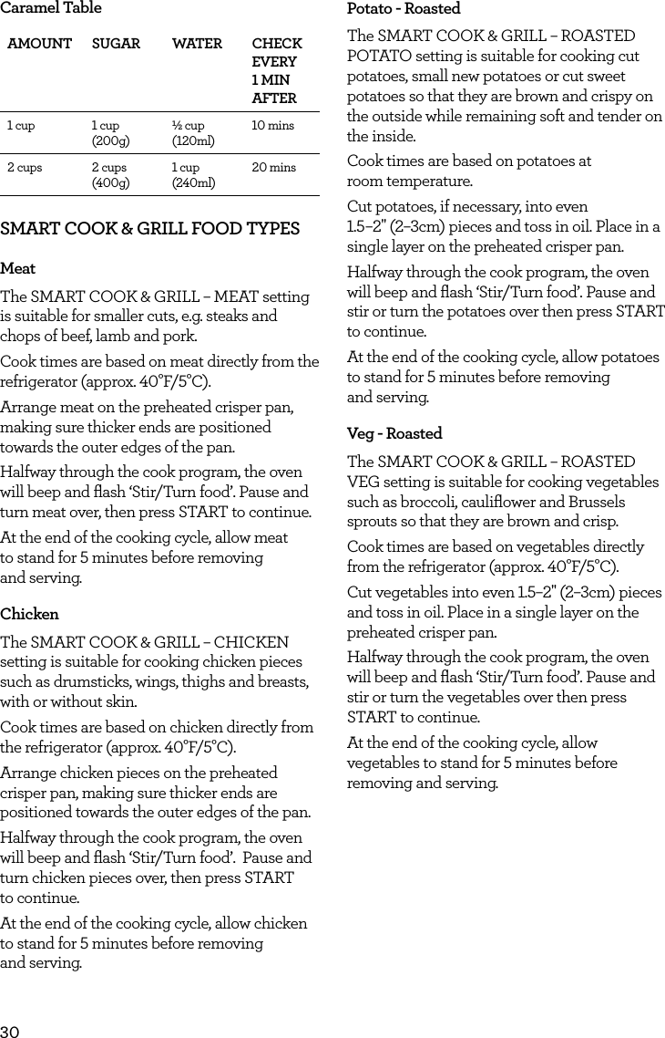 30Caramel TableAMOUNT SUGAR WATER CHECK EVERY 1 MIN AFTER1 cup 1 cup (200g)&frac12; cup (120ml)10 mins2 cups 2 cups (400g)1 cup (240ml)20 minsSMART COOK &amp; GRILL FOOD TYPESMeatThe SMART COOK &amp; GRILL &ndash; MEAT setting is suitable for smaller cuts, e.g. steaks and chops of beef, lamb and pork.Cook times are based on meat directly from the refrigerator (approx. 40&deg;F/5&deg;C).Arrange meat on the preheated crisper pan, making sure thicker ends are positioned towards the outer edges of the pan.Halfway through the cook program, the oven will beep and ﬂash &lsquo;Stir/Turn food&rsquo;. Pause and turn meat over, then press START to continue.At the end of the cooking cycle, allow meat  to stand for 5 minutes before removing  and serving.ChickenThe SMART COOK &amp; GRILL &ndash; CHICKEN setting is suitable for cooking chicken pieces such as drumsticks, wings, thighs and breasts, with or without skin.Cook times are based on chicken directly from the refrigerator (approx. 40&deg;F/5&deg;C).Arrange chicken pieces on the preheated crisper pan, making sure thicker ends are positioned towards the outer edges of the pan. Halfway through the cook program, the oven will beep and ﬂash &lsquo;Stir/Turn food&rsquo;.  Pause and turn chicken pieces over, then press START  to continue.At the end of the cooking cycle, allow chicken to stand for 5 minutes before removing  and serving.Potato - RoastedThe SMART COOK &amp; GRILL &ndash; ROASTED POTATO setting is suitable for cooking cut potatoes, small new potatoes or cut sweet potatoes so that they are brown and crispy on the outside while remaining soft and tender on the inside.Cook times are based on potatoes at  room temperature.Cut potatoes, if necessary, into even  1.5&ndash;2" (2&ndash;3cm) pieces and toss in oil. Place in a single layer on the preheated crisper pan.Halfway through the cook program, the oven will beep and ﬂash &lsquo;Stir/Turn food&rsquo;. Pause and stir or turn the potatoes over then press START to continue.At the end of the cooking cycle, allow potatoes to stand for 5 minutes before removing  and serving.Veg - RoastedThe SMART COOK &amp; GRILL &ndash; ROASTED VEG setting is suitable for cooking vegetables such as broccoli, cauliﬂower and Brussels sprouts so that they are brown and crisp.Cook times are based on vegetables directly from the refrigerator (approx. 40&deg;F/5&deg;C).Cut vegetables into even 1.5&ndash;2" (2&ndash;3cm) pieces and toss in oil. Place in a single layer on the preheated crisper pan.Halfway through the cook program, the oven will beep and ﬂash &lsquo;Stir/Turn food&rsquo;. Pause and stir or turn the vegetables over then press START to continue.At the end of the cooking cycle, allow vegetables to stand for 5 minutes before removing and serving.