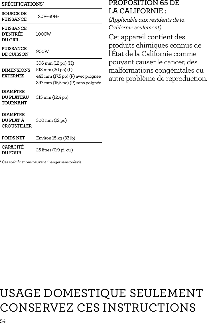 54SP&Eacute;CIFICATIONS*SOURCE DE PUISSANCE 120V&ndash;60HzPUISSANCE D'ENTR&Eacute;E DU GRIL1000WPUISSANCE DE CUISSON 900WDIMENSIONS EXTERNES306 mm (12 po) (H)513 mm (20 po) (L)443 mm (17,5 po) (P) avec poign&eacute;e397 mm (15,5 po) (P) sans poign&eacute;eDIAM&Egrave;TRE DU PLATEAU TOURNANT315 mm (12,4 po)DIAM&Egrave;TRE DU PLAT &Agrave; CROUSTILLER300 mm (12 po)POIDS NET Environ 15 kg (33 lb)CAPACIT&Eacute; DU FOUR  25 litres (0,9 pi. cu.)* Ces sp&eacute;ciﬁcations peuvent changer sans pr&eacute;avis.PROPOSITION 65 DE  LA CALIFORNIE :(Applicable aux r&eacute;sidents de la Californie seulement).Cet appareil contient des produits chimiques connus de l'&Eacute;tat de la Californie comme pouvant causer le cancer, des malformations cong&eacute;nitales ou autre probl&egrave;me de reproduction.USAGE DOMESTIQUE SEULEMENTCONSERVEZ CES INSTRUCTIONS