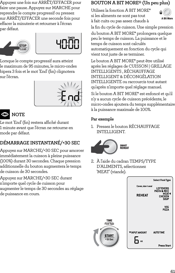 61Appuyez une fois sur ARR&Ecirc;T/EFFACER pour faire une pause. Appuyez sur MARCHE pour reprendre le compte progressif ou pressez sur ARR&Ecirc;T/EFFACER une seconde fois pour effacer la minuterie et retourner &agrave; l'&eacute;cran  par d&eacute;faut.AmountPOWERFood TypeTIMEA Bit More TimerSMARTDEFROSTSMARTREHEATSMARTCOOK  GRILLLorsque le compte progressif aura atteint le maximum de 95 minutes, le micro-ondes bipera 3 fois et le mot 'End' (ﬁn) clignotera  sur l'&eacute;cran. NOTELe mot 'End' (ﬁn) restera afﬁch&eacute; durant  1 minute avant que l'&eacute;cran ne retourne en mode par d&eacute;faut.D&Eacute;MARRAGE INSTANTAN&Eacute;/+30 SECAppuyez sur MARCHE/+30 SEC pour amorcer imm&eacute;diatement la cuisson &agrave; pleine puissance (100%) durant 30 secondes. Chaque pression additionnelle du bouton augmentera le temps de cuisson de 30 secondes.Appuyez sur MARCHE/+30 SEC durant n'importe quel cycle de cuisson pour augmenter le temps de 30 secondes au r&eacute;glage de puissance en cours.BOUTON A BIT MORE&permil; (Un peu plus)Utilisez la fonction A BIT MORE&permil;            AmountPOWERFood TypeTIMEA Bit More TimerSMARTDEFROSTSMARTREHEATSMARTCOOK  GRILL si les aliments ne sont pas tout  &agrave; fait cuits ou pas assez chauds &agrave;  la ﬁn du cycle de cuisson. Une simple pression du bouton A BIT MORE&permil; prolongera quelque peu le temps de cuisson. La puissance et le temps de cuisson sont calcul&eacute;s automatiquement en fonction du cycle qui vient tout juste de se terminer.Le bouton A BIT MORE&permil; peut &ecirc;tre utilis&eacute; apr&egrave;s les r&eacute;glages de CUISSON | GRILLAGE INTELLIGENTS , R&Eacute;CHAUFFAGE INTELLIGENT &amp; D&Eacute;CONG&Eacute;LATION INTELLIGENTE ou raccourcis tout autant qu'apr&egrave;s n'importe quel r&eacute;glage manuel. Si le bouton A BIT MORE&permil; est enfonc&eacute; et qu'il n'y a aucun cycle de cuisson pr&eacute;c&eacute;dente, le micro-ondes ajoutera du temps suppl&eacute;mentaire &agrave; la puissance maximale de 100%.Par exemple1.  Pressez le bouton R&Eacute;CHAUFFAGE INTELLIGENT.AmountPOWERFood TypeTIMEA Bit More TimerSMARTDEFROSTSMARTREHEATSMARTCOOK  GRILL2.  &Agrave; l'aide du cadran TEMPS/TYPE D'ALIMENTS, s&eacute;lectionnez  'MEAT' (viande).AmountPOWERFood TypeTIMEA Bit More TimerSMARTDEFROSTSMARTREHEATSMARTCOOK  GRILL 