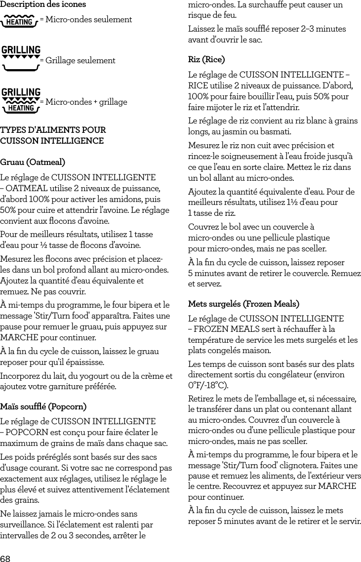 68Description des icones = Micro-ondes seulement = Grillage seulement = Micro-ondes + grillageTYPES D'ALIMENTS POUR CUISSON INTELLIGENCEGruau (Oatmeal)Le r&eacute;glage de CUISSON INTELLIGENTE &ndash; OATMEAL utilise 2 niveaux de puissance, d'abord 100% pour activer les amidons, puis 50% pour cuire et attendrir l'avoine. Le r&eacute;glage convient aux ﬂocons d'avoine.Pour de meilleurs r&eacute;sultats, utilisez 1 tasse d'eau pour &frac12; tasse de ﬂocons d'avoine.Mesurez les ﬂocons avec pr&eacute;cision et placez-les dans un bol profond allant au micro-ondes. Ajoutez la quantit&eacute; d'eau &eacute;quivalente et remuez. Ne pas couvrir.&Agrave; mi-temps du programme, le four bipera et le message 'Stir/Turn food' appara&icirc;tra. Faites une pause pour remuer le gruau, puis appuyez sur MARCHE pour continuer.&Agrave; la ﬁn du cycle de cuisson, laissez le gruau reposer pour qu'il &eacute;paississe.Incorporez du lait, du yogourt ou de la cr&egrave;me et ajoutez votre garniture pr&eacute;f&eacute;r&eacute;e.Ma&iuml;s soufﬂ&eacute; (Popcorn)Le r&eacute;glage de CUISSON INTELLIGENTE &ndash; POPCORN est con&ccedil;u pour faire &eacute;clater le maximum de grains de ma&iuml;s dans chaque sac.Les poids pr&eacute;r&eacute;gl&eacute;s sont bas&eacute;s sur des sacs d'usage courant. Si votre sac ne correspond pas exactement aux r&eacute;glages, utilisez le r&eacute;glage le plus &eacute;lev&eacute; et suivez attentivement l'&eacute;clatement des grains.Ne laissez jamais le micro-ondes sans surveillance. Si l'&eacute;clatement est ralenti par intervalles de 2 ou 3 secondes, arr&ecirc;ter le  micro-ondes. La surchauffe peut causer un risque de feu.Laissez le ma&iuml;s soufﬂ&eacute; reposer 2&ndash;3 minutes  avant d'ouvrir le sac.Riz (Rice)Le r&eacute;glage de CUISSON INTELLIGENTE &ndash; RICE utilise 2 niveaux de puissance. D'abord, 100% pour faire bouillir l'eau, puis 50% pour faire mijoter le riz et l'attendrir.Le r&eacute;glage de riz convient au riz blanc &agrave; grains longs, au jasmin ou basmati.Mesurez le riz non cuit avec pr&eacute;cision et  rincez-le soigneusement &agrave; l'eau froide jusqu'&agrave; ce que l'eau en sorte claire. Mettez le riz dans un bol allant au micro-ondes.Ajoutez la quantit&eacute; &eacute;quivalente d'eau. Pour de meilleurs r&eacute;sultats, utilisez 1&frac12; d'eau pour  1 tasse de riz.Couvrez le bol avec un couvercle &agrave;  micro-ondes ou une pellicule plastique  pour micro-ondes, mais ne pas sceller.&Agrave; la ﬁn du cycle de cuisson, laissez reposer  5 minutes avant de retirer le couvercle. Remuez et servez.Mets surgel&eacute;s (Frozen Meals)Le r&eacute;glage de CUISSON INTELLIGENTE &ndash; FROZEN MEALS sert &agrave; r&eacute;chauffer &agrave; la temp&eacute;rature de service les mets surgel&eacute;s et les plats congel&eacute;s maison.Les temps de cuisson sont bas&eacute;s sur des plats directement sortis du cong&eacute;lateur (environ 0&deg;F/-18&deg;C).Retirez le mets de l'emballage et, si n&eacute;cessaire, le transf&eacute;rer dans un plat ou contenant allant au micro-ondes. Couvrez d'un couvercle &agrave; micro-ondes ou d'une pellicule plastique pour micro-ondes, mais ne pas sceller.&Agrave; mi-temps du programme, le four bipera et le message 'Stir/Turn food' clignotera. Faites une pause et remuez les aliments, de l'ext&eacute;rieur vers le centre. Recouvrez et appuyez sur MARCHE pour continuer.&Agrave; la ﬁn du cycle de cuisson, laissez le mets reposer 5 minutes avant de le retirer et le servir. 